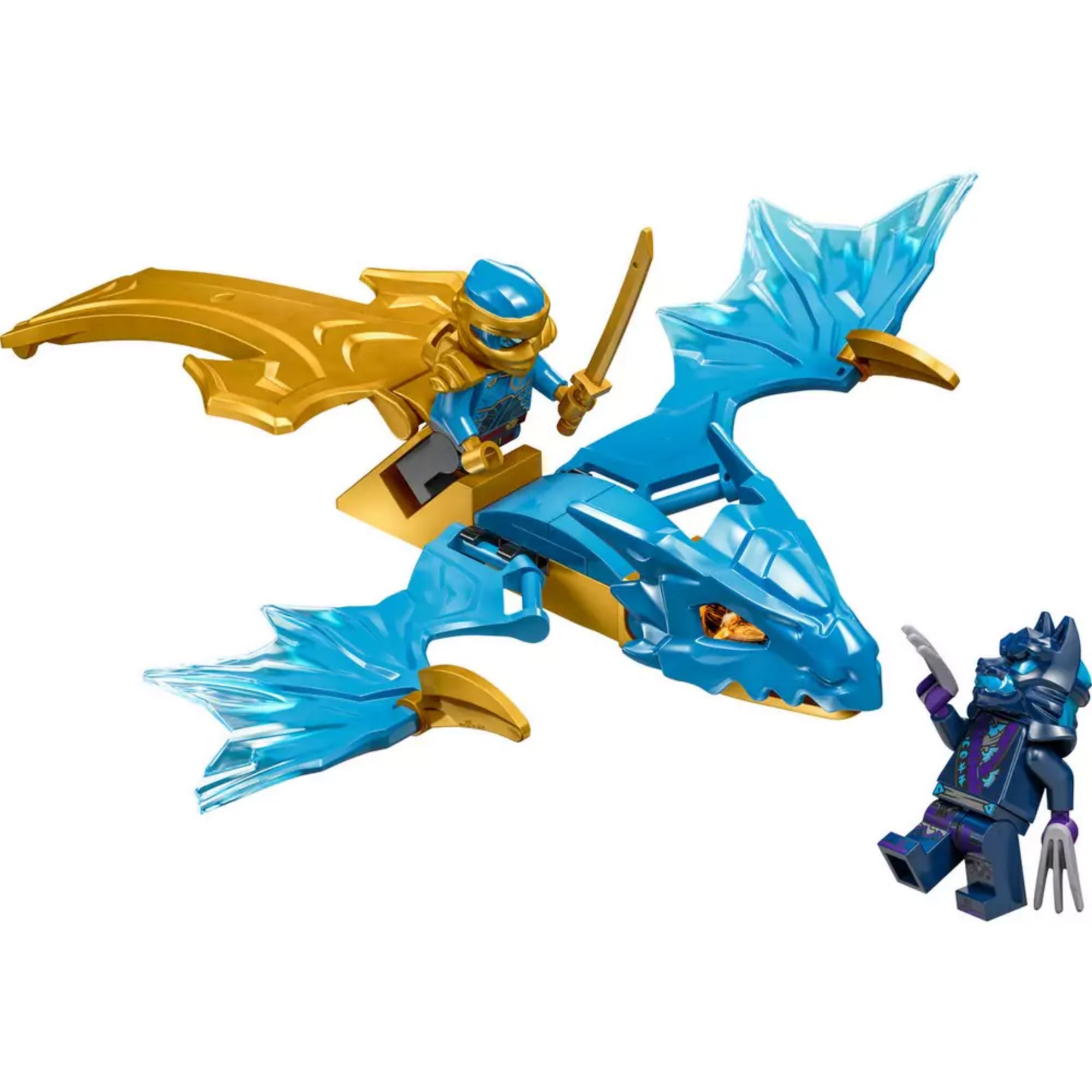 A LEGO NINJAGO 71802 készlet díszdoboza, középpontban a sárkány hátán ülő Nya karakterrel; a csomagolás élénk kék, arany és fehér színekkel, viharos háttérrel és a DRAGONS RISING sorozat logójával.