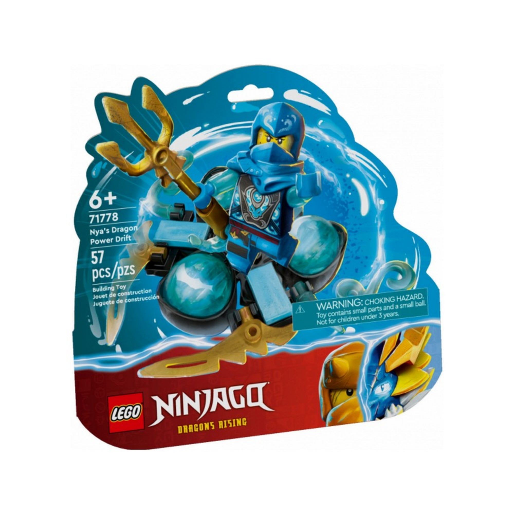 LEGO NINJAGO 71778 doboz elölnézete, Nya sárkányerő Spinjitzu driftelése pörgettyűben, 57 elemes készlet, 6 éves kortól ajánlott.