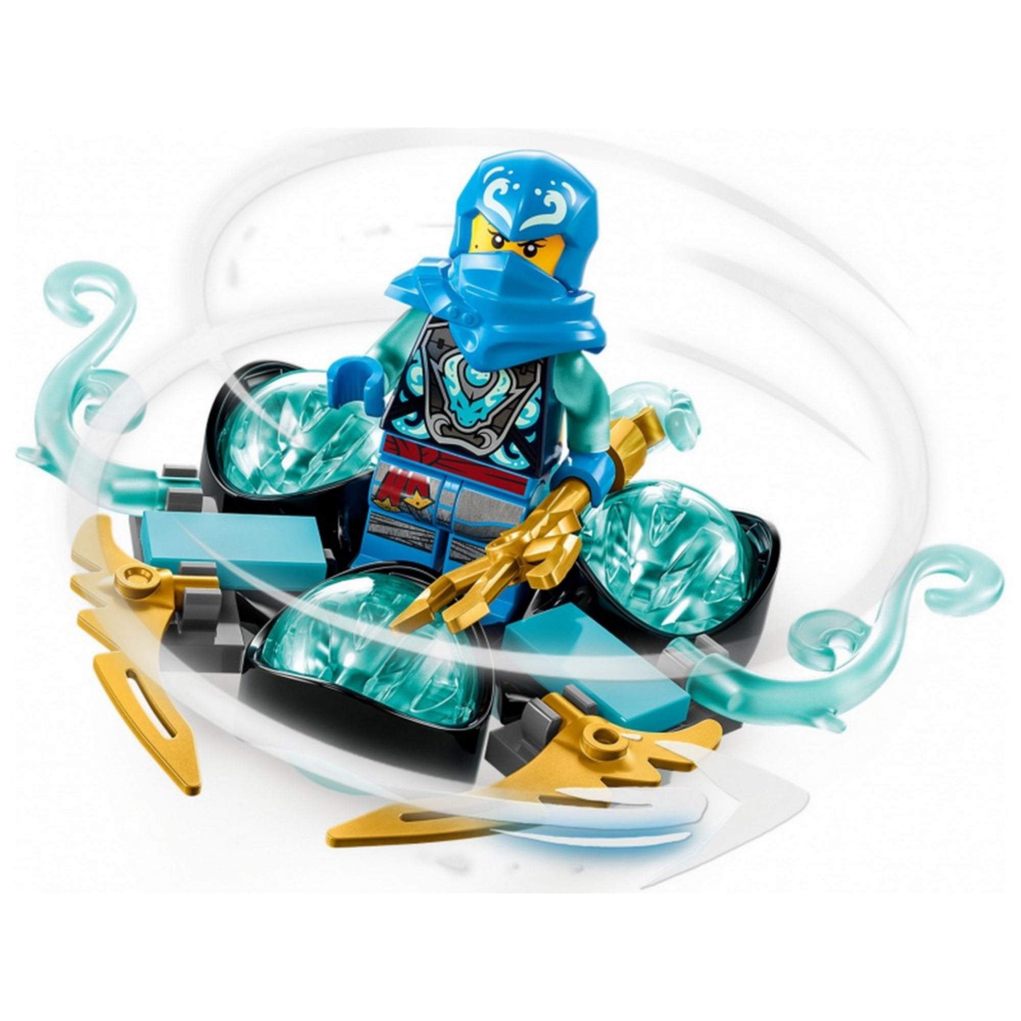 A LEGO Nya minifigura vízszínű sárkányerő Spinjitzu pörgőn ülve, forgó mozgást idézve elő, körülötte vízmotívumokkal és arany pengékkel.