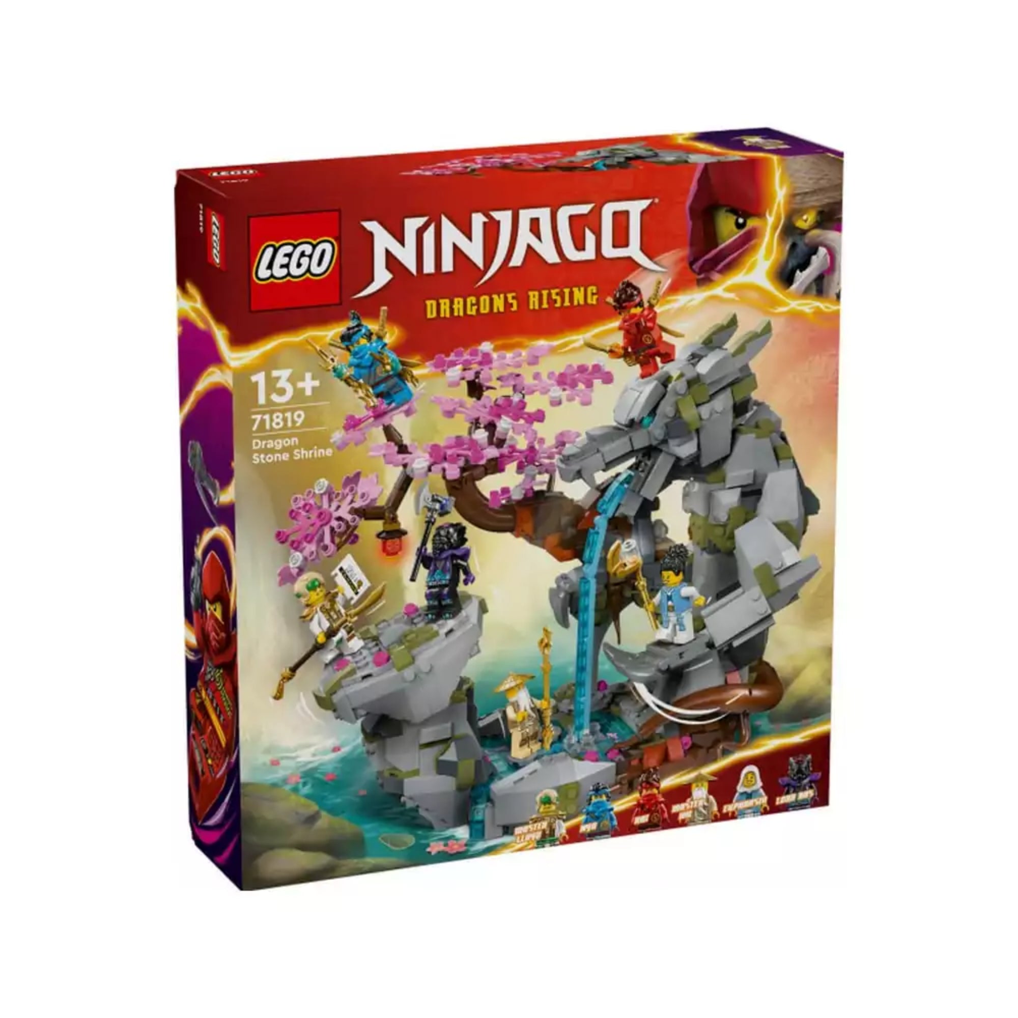 LEGO NINJAGO Sárkánykő szentély (71819) készlet színes, ferde nézetű doboza, amelyen hat minifigura és a rózsaszín virágos szentély sziklás építménye látható a háttérben.