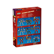 A LEGO NINJAGO Sora elemi csúcsrobotja (71807) doboz hátoldala, különböző robotkombinációk bemutatásával más készletekkel (71806, 71808).