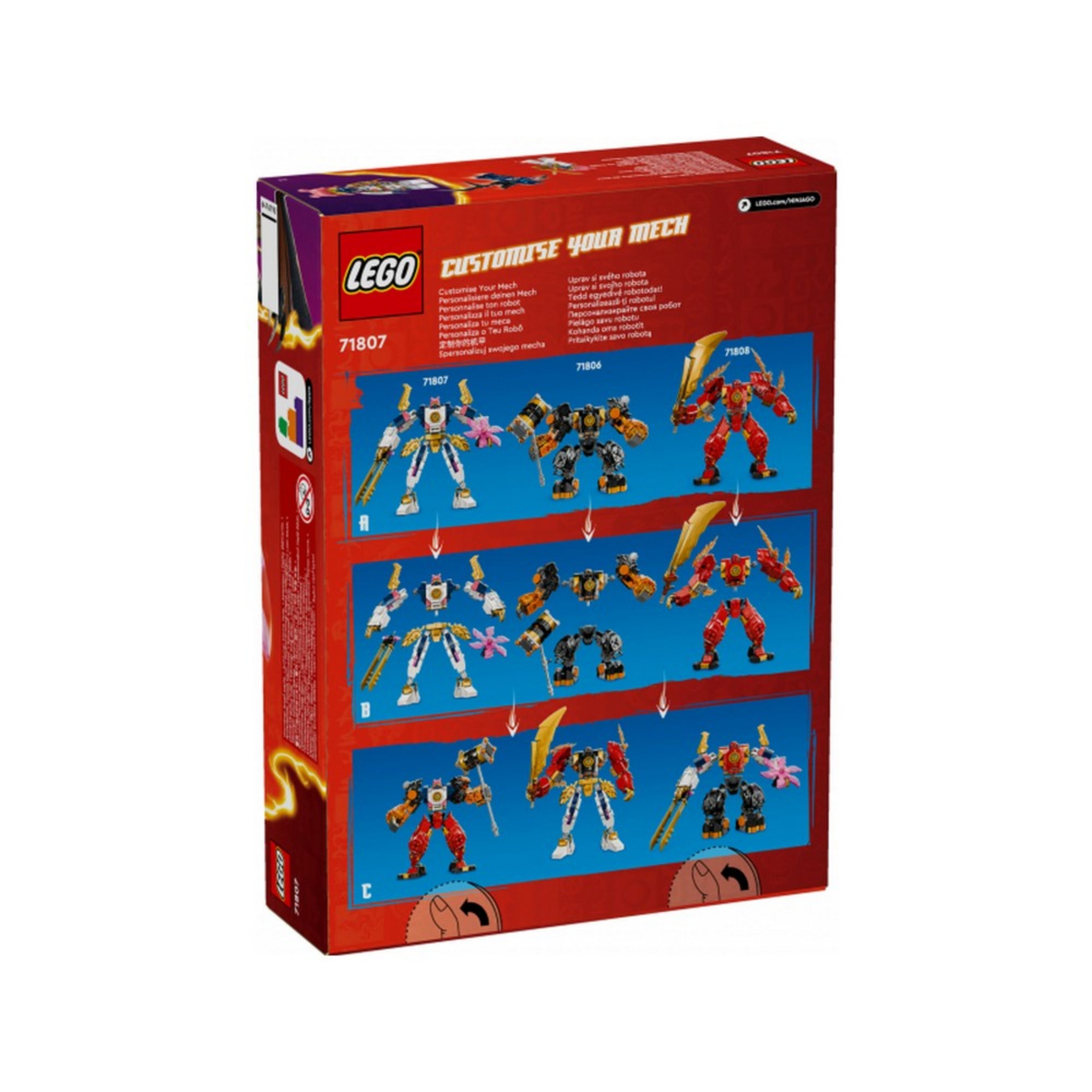 A LEGO NINJAGO Sora elemi csúcsrobotja (71807) doboz hátoldala, különböző robotkombinációk bemutatásával más készletekkel (71806, 71808).