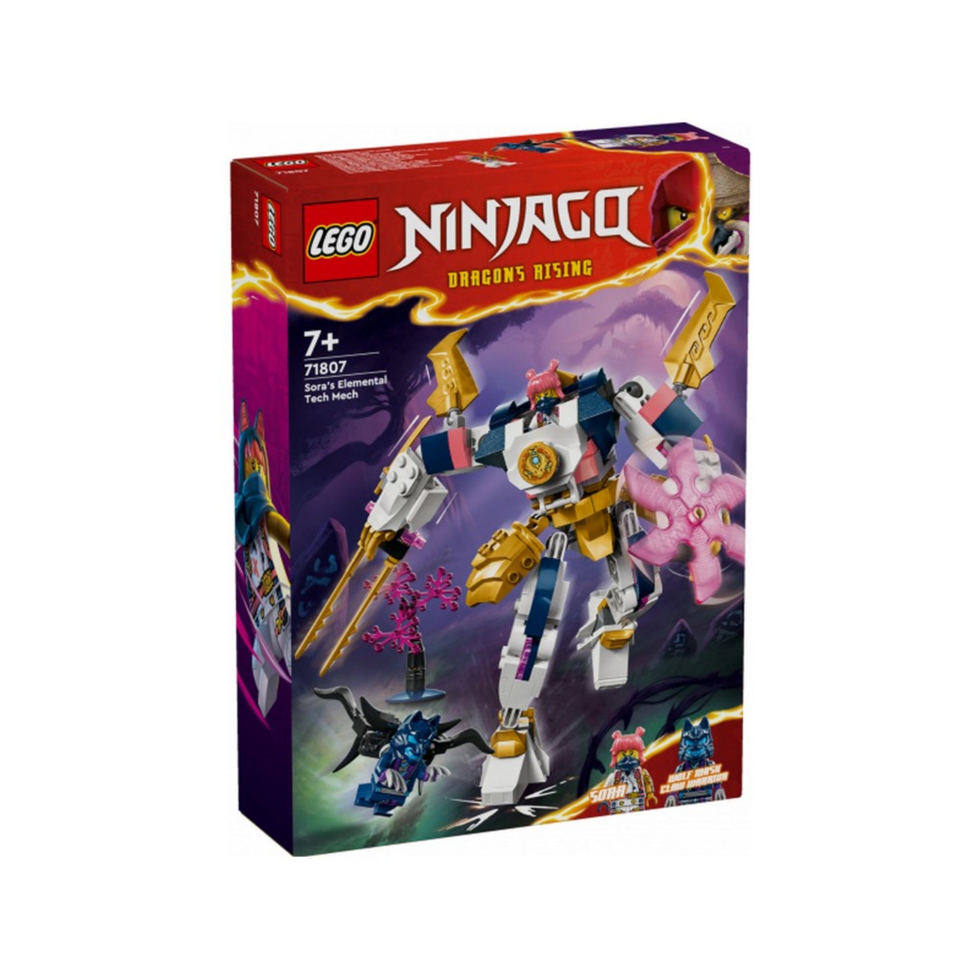 A LEGO NINJAGO Sora elemi csúcsrobotja (71807) szett színes doboza elölnézetből, rajta a robot, a minifigurák és a Dragon’s Rising logó.