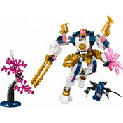 Sora elemi csúcsrobotja (71807) teljes LEGO NINJAGO készlet: fehér, arany és rózsaszín robot egy arany pengével, lila nindzsaellenféllel és rózsaszín fa elemmel.