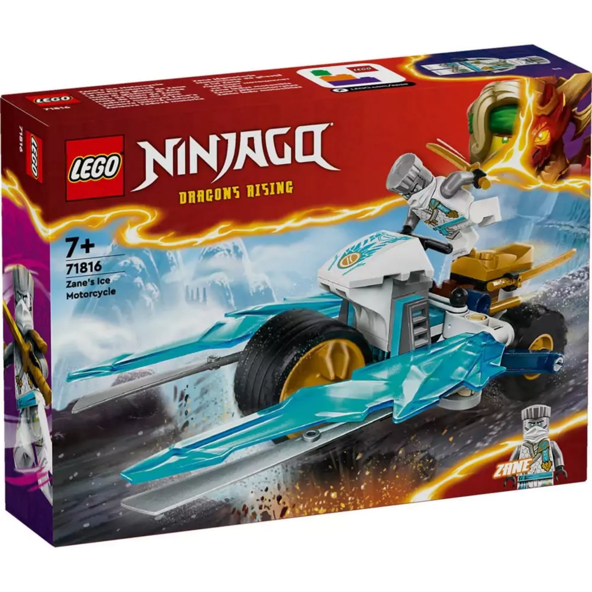 A LEGO NINJAGO Zane jégmotorja (71816) szett doboza közelről, jól látható minifigurával, jégkristály motívumokkal és a piros-sárga színvilágú háttérrel.