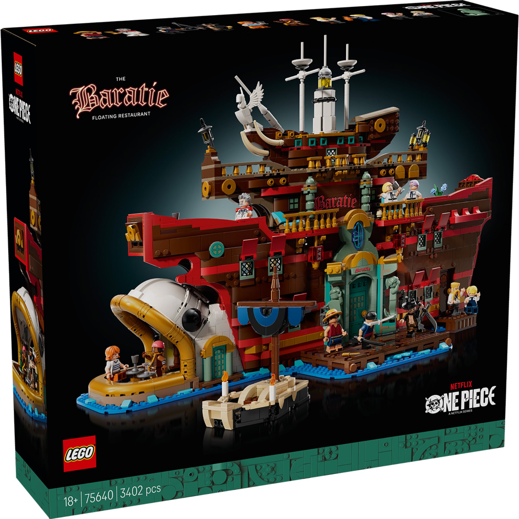 A LEGO One Piece: Baratie Floating Restaurant (75640) doboz előlapja, amely a híres úszó éttermet és a One Piece szereplőit ábrázolja.
