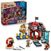 A LEGO One Piece: Buggy the Clown’s Circus Tent (75637) készlet a dobozzal és a teljes jelenettel – arénával, nézőtérrel, trükkös eszközökkel és a négy minifigurával.