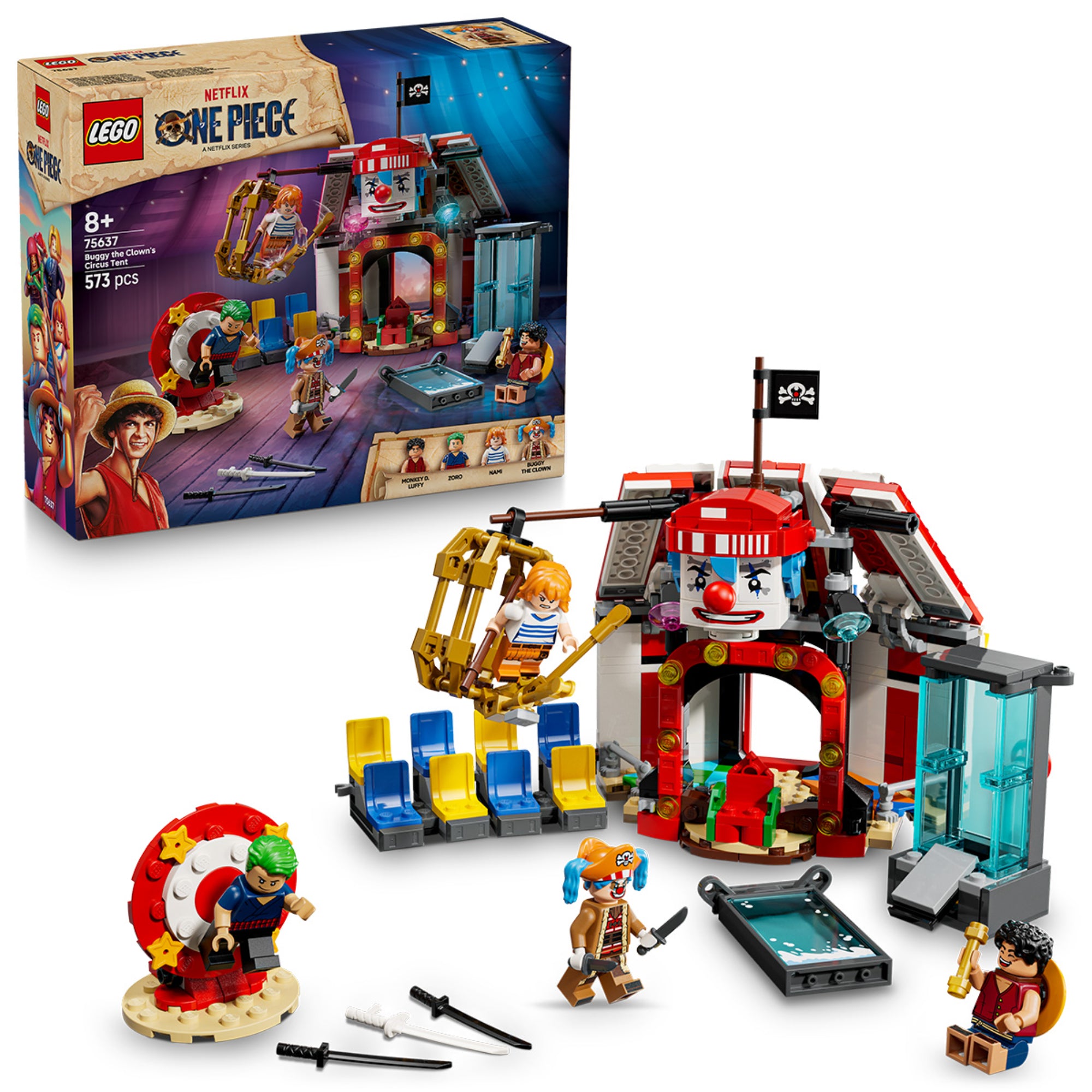 A LEGO One Piece: Buggy the Clown’s Circus Tent (75637) készlet a dobozzal és a teljes jelenettel – arénával, nézőtérrel, trükkös eszközökkel és a négy minifigurával.