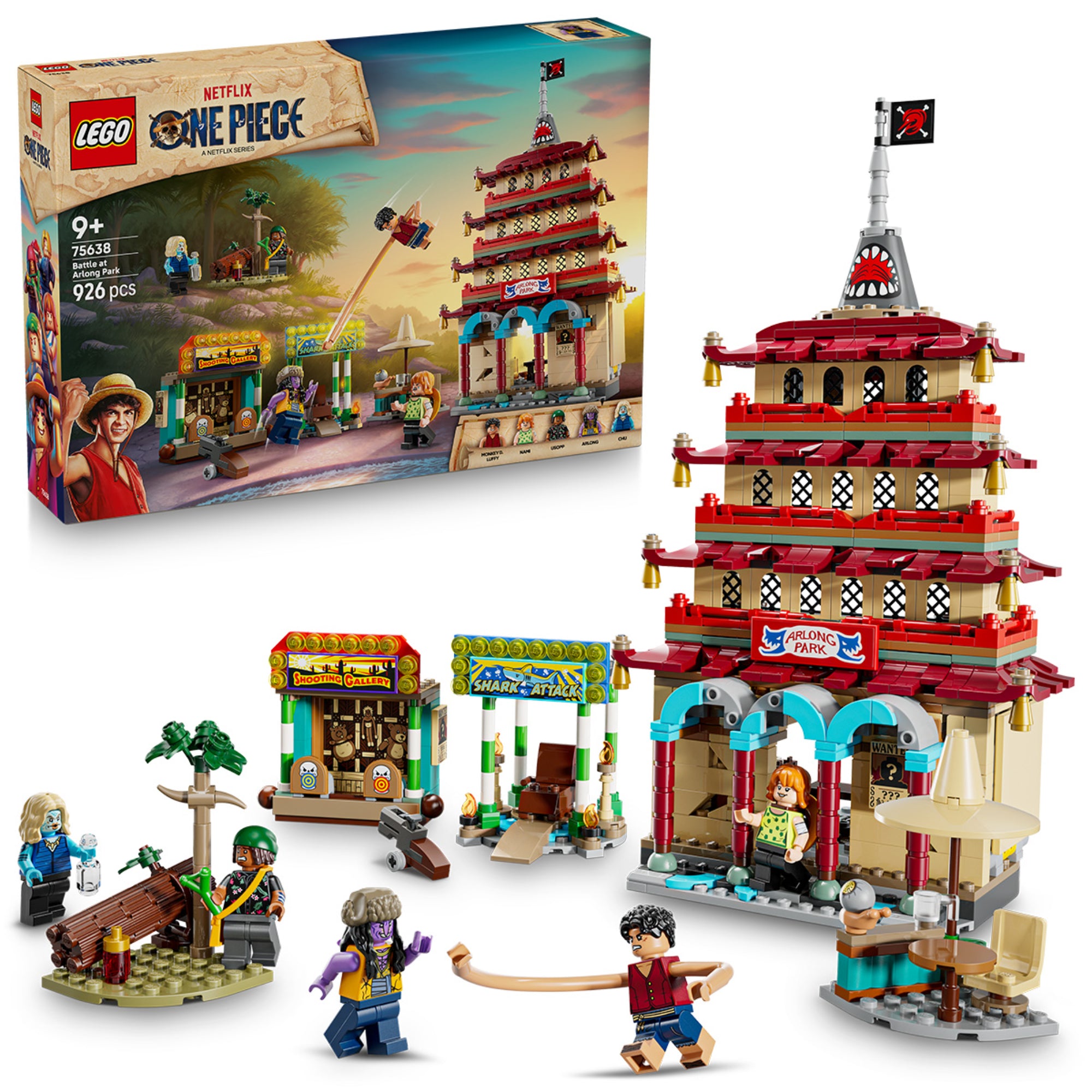 A LEGO One Piece: Battle at Arlong Park (75638) készlet összerakott változata a dobozzal – a pagodaszerű Arlong Park épület, mini játéksátrak és a minifigurák bemutatása.