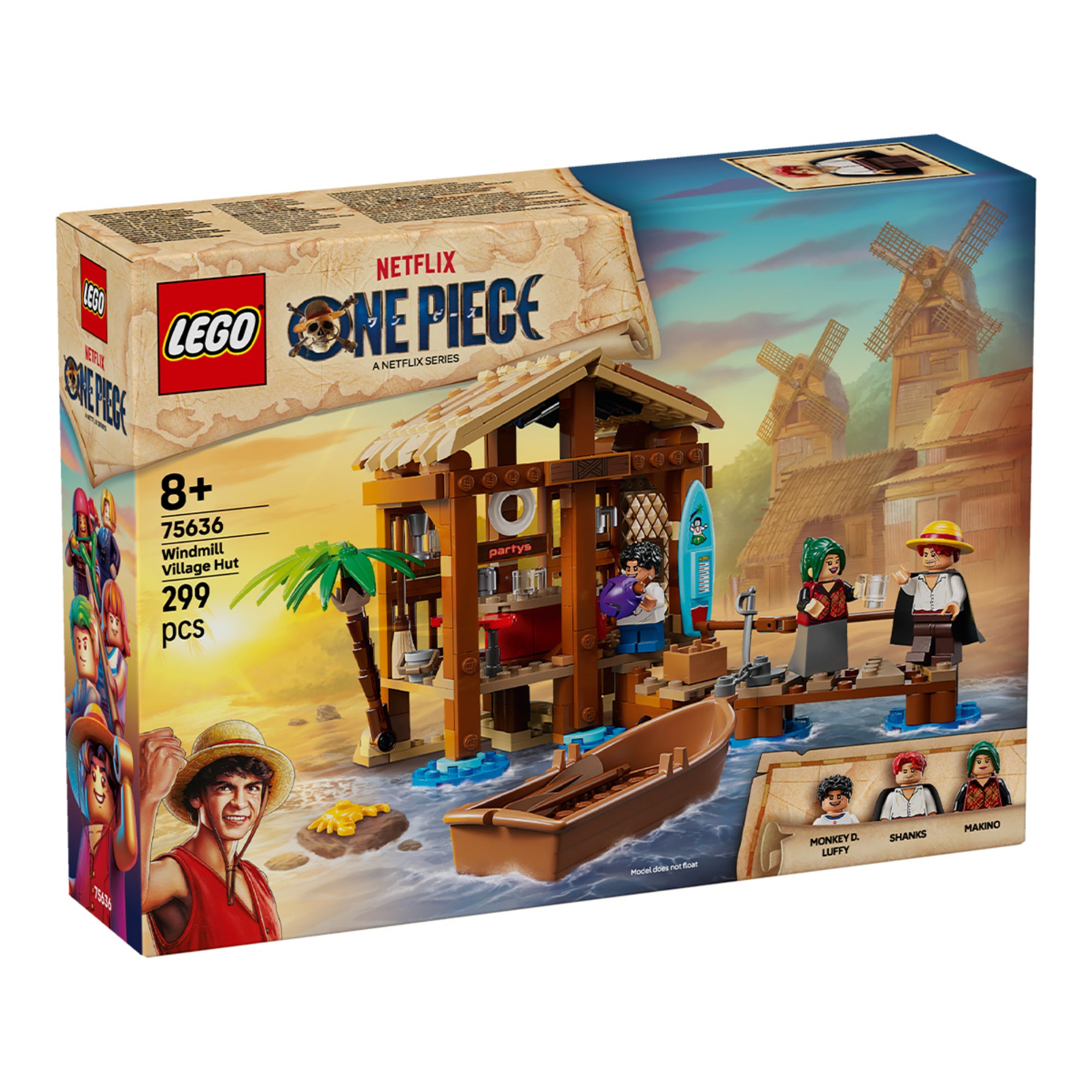 A LEGO One Piece: Windmill Village Hut (75636) doboz eleje, rajta a hangulatos tengerparti kunyhó, a három karakter minifigurája és a sorozat logója a háttérben látható szélmalmokkal.