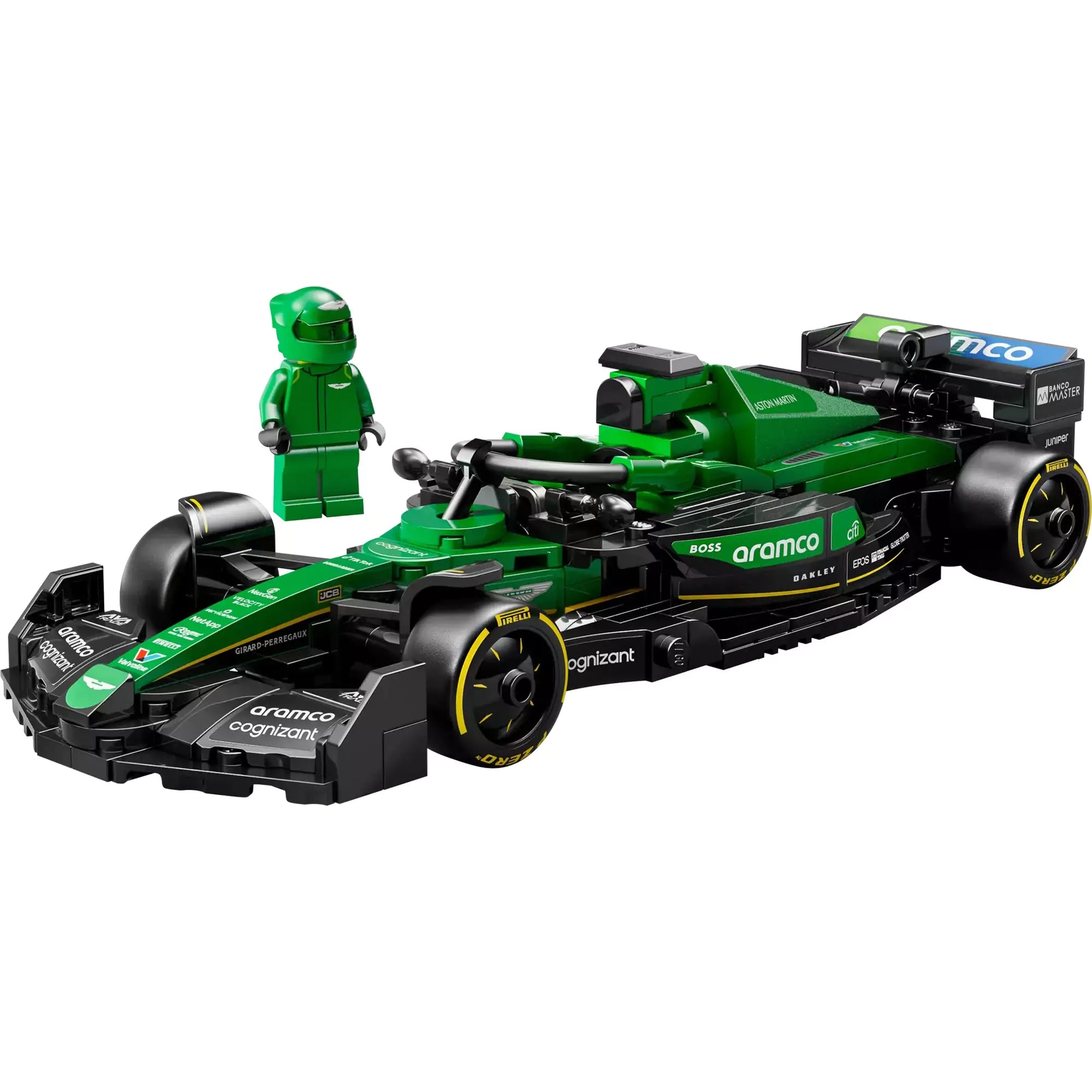 LEGO Speed Champions Aston Martin Aramco F1 AMR24 versenyautó 77245, a zöld Formula–1-es autó minifigurával.