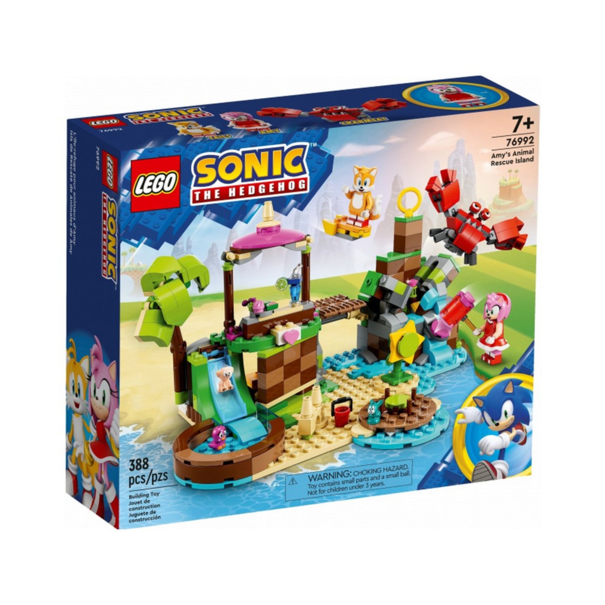 A LEGO Sonic the Hedgehog 76992 – Amy’s Animal Rescue Island készlet doboza, színes tengerparti jelenettel, Amy, Tails, kisállatok és ellenség karakterekkel.