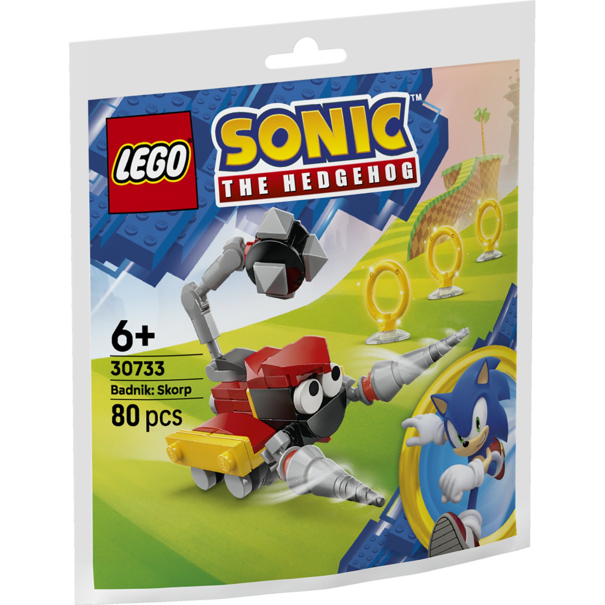 LEGO Sonic the Hedgehog Badnik: Skorp 30733 polybag csomagolás a Skorp robot ellenséggel és arany gyűrűkkel.