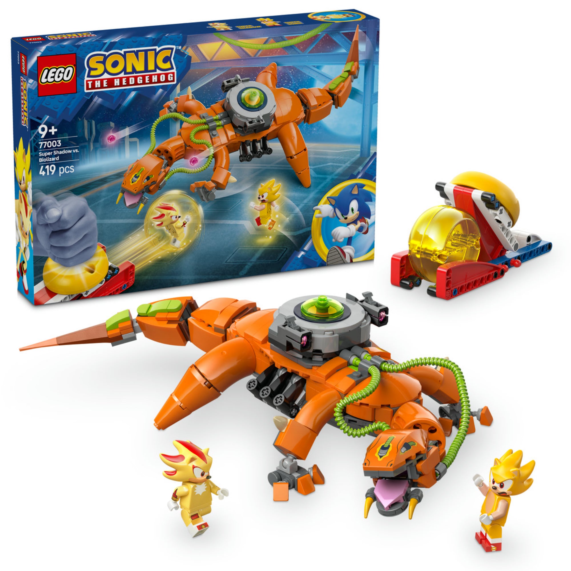 LEGO Sonic the Hedgehog: Super Shadow Biolizard ellen (77003) – a doboz és a készlet tartalma összeállítva.