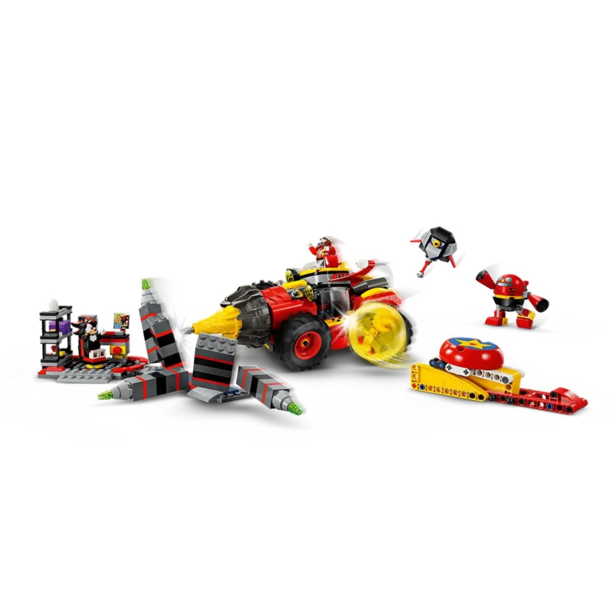 Részlet a LEGO Super Sonic vs. Egg Drillster készletből, ahol Dr. Eggman hatalmas fúrójárművével támad, miközben Shadow és egy piros robot is akcióban van. A pálya elemei dinamikus mozgást sugallnak.