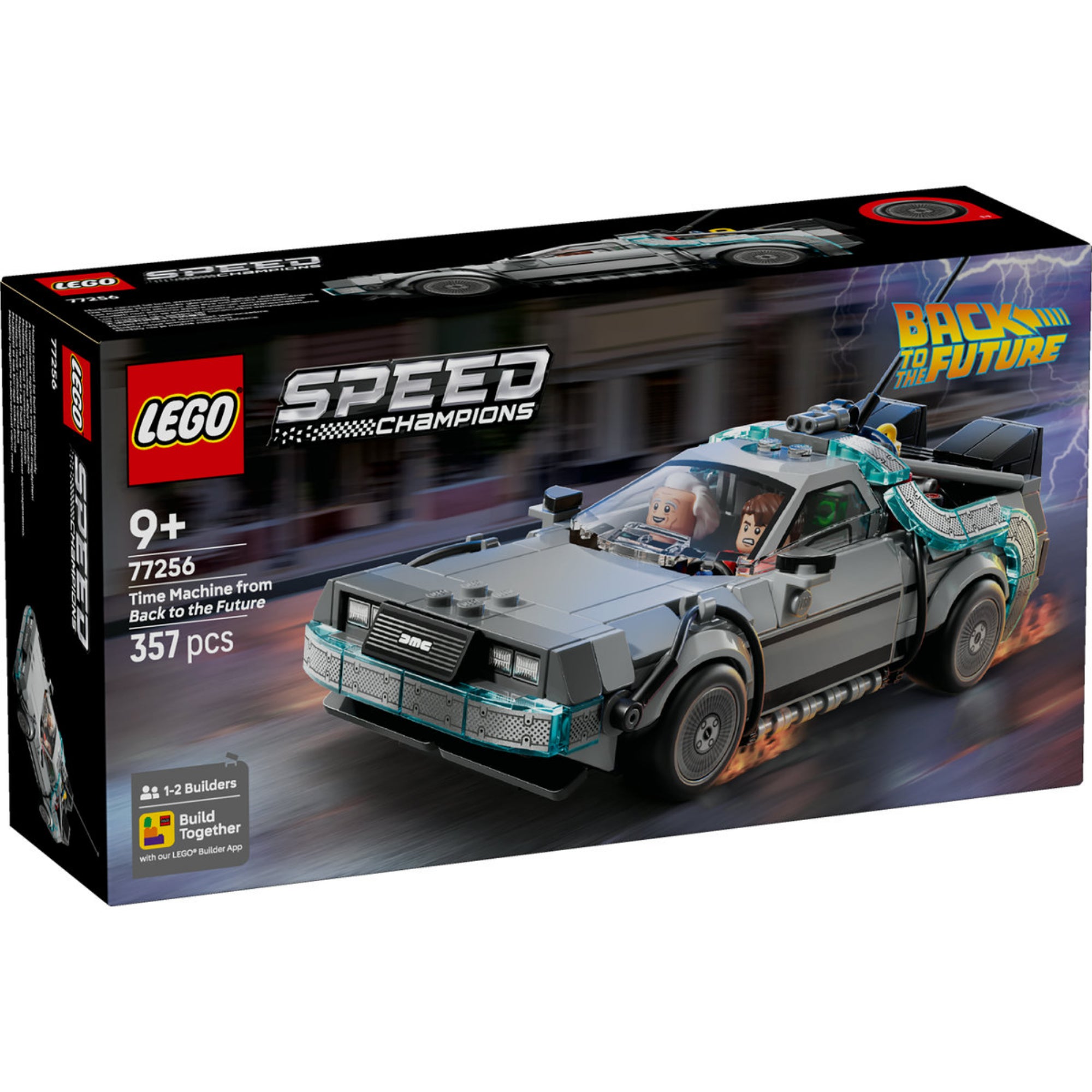 LEGO Speed Champions Vissza a jövőbe időgép (77256) dobozkép, a legendás DeLorean időgép ábrázolásával.