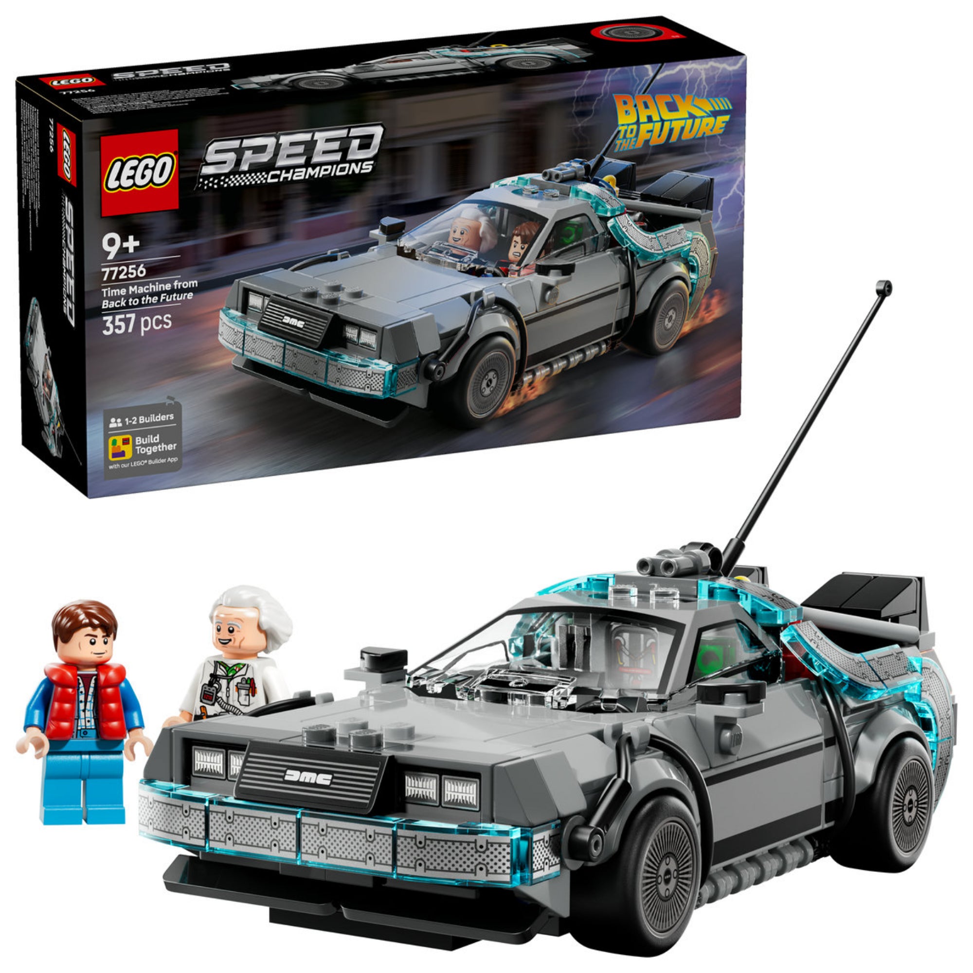 LEGO Speed Champions Vissza a jövőbe DeLorean időgép Marty McFly és Doc Brown minifigurákkal.