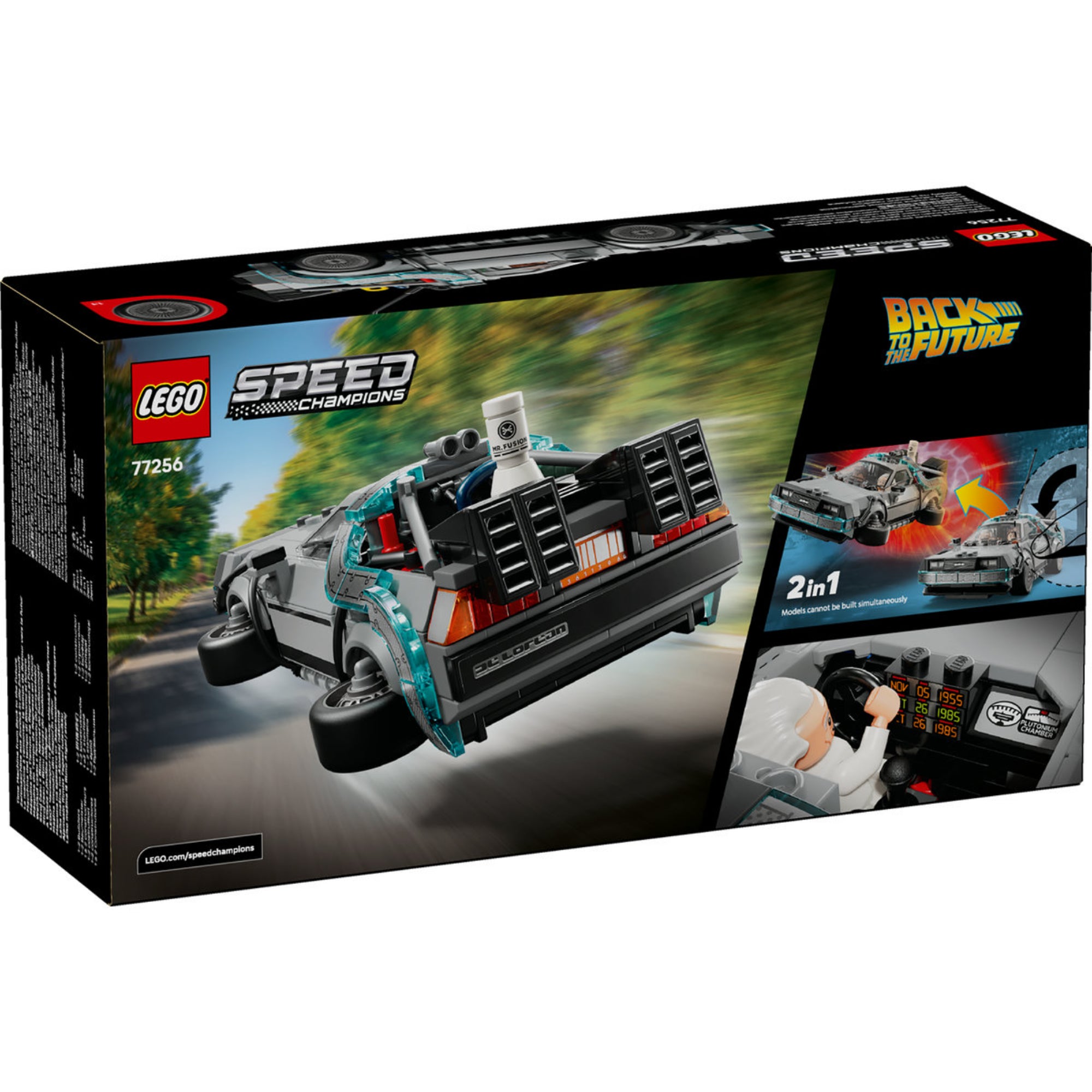 LEGO Speed Champions Vissza a jövőbe időgép (77256) készlet dobozának hátoldala, a DeLorean modell hátulnézetével.