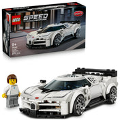 LEGO Speed Champions Bugatti Centodieci (77240) készlet és doboz – Az autómodell, a sofőr minifigura és a díszdoboz együtt látható.