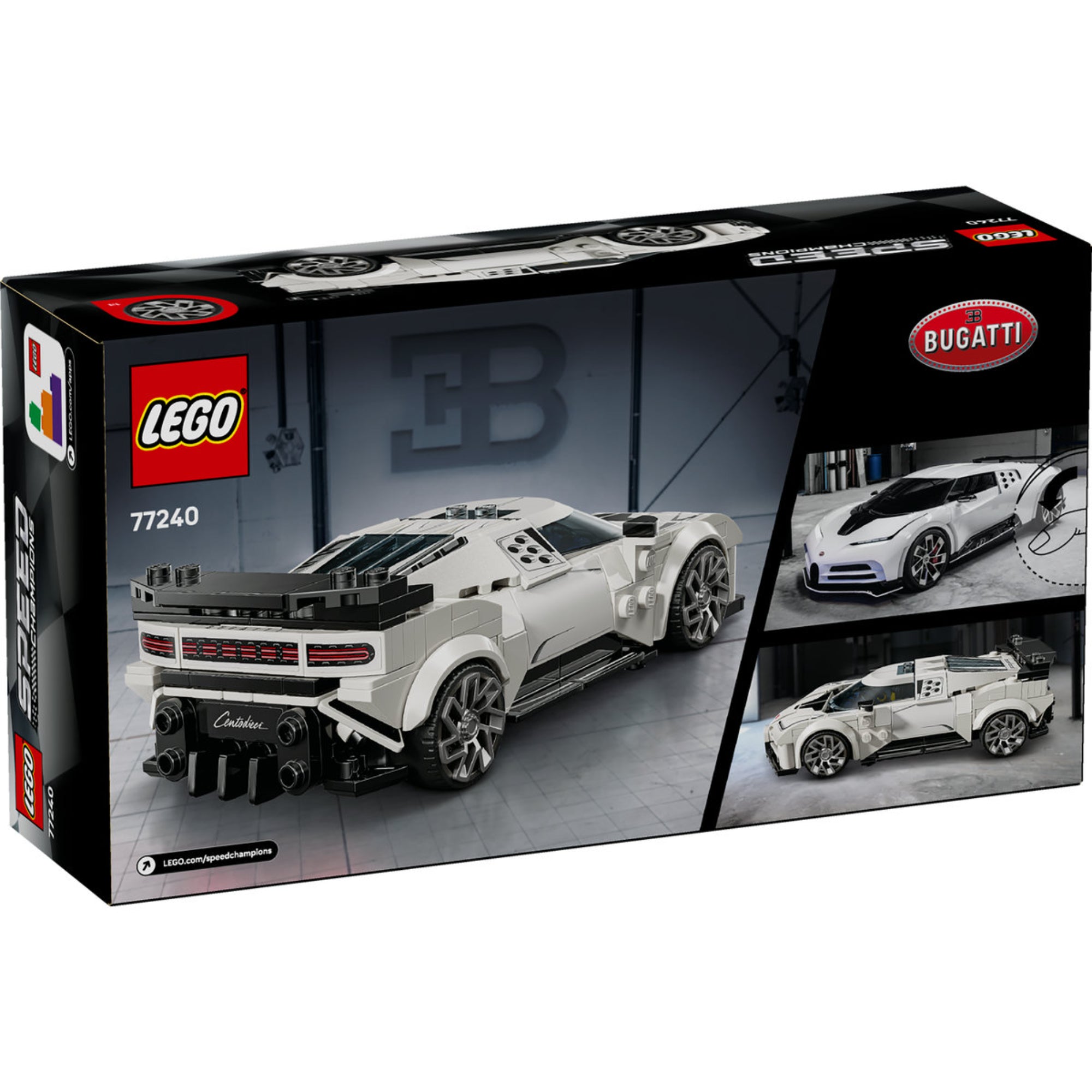 LEGO Speed Champions Bugatti Centodieci (77240) doboz hátlap – A modell részletei, a hátsó nézet és az eredeti autó inspirációja.