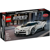 LEGO Speed Champions Bugatti Centodieci (77240) dobozkép előlnézet – A fehér szupersportautó dinamikus városi háttérrel.