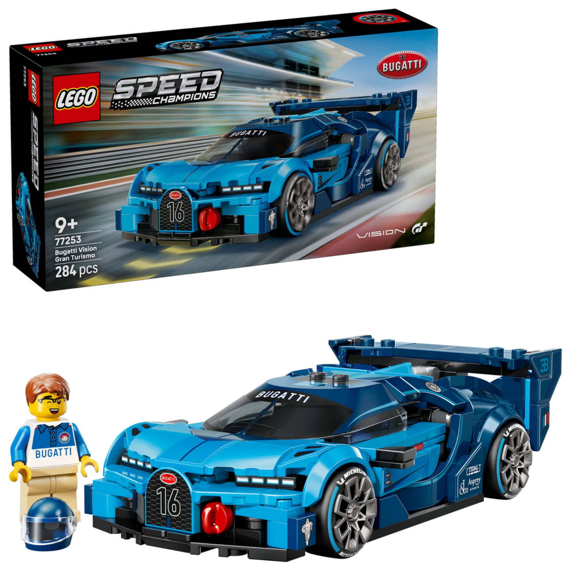 LEGO Speed Champions Bugatti Vision Gran Turismo (77253) megépített kék Bugatti versenyautó minifigurával és bukósisakkal.