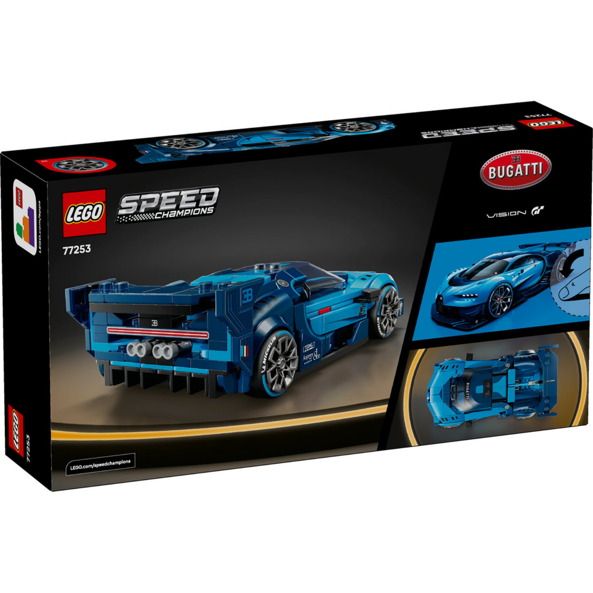 LEGO Speed Champions Bugatti Vision Gran Turismo (77253) doboz hátoldala, a modell hátulnézetével és részleteivel.