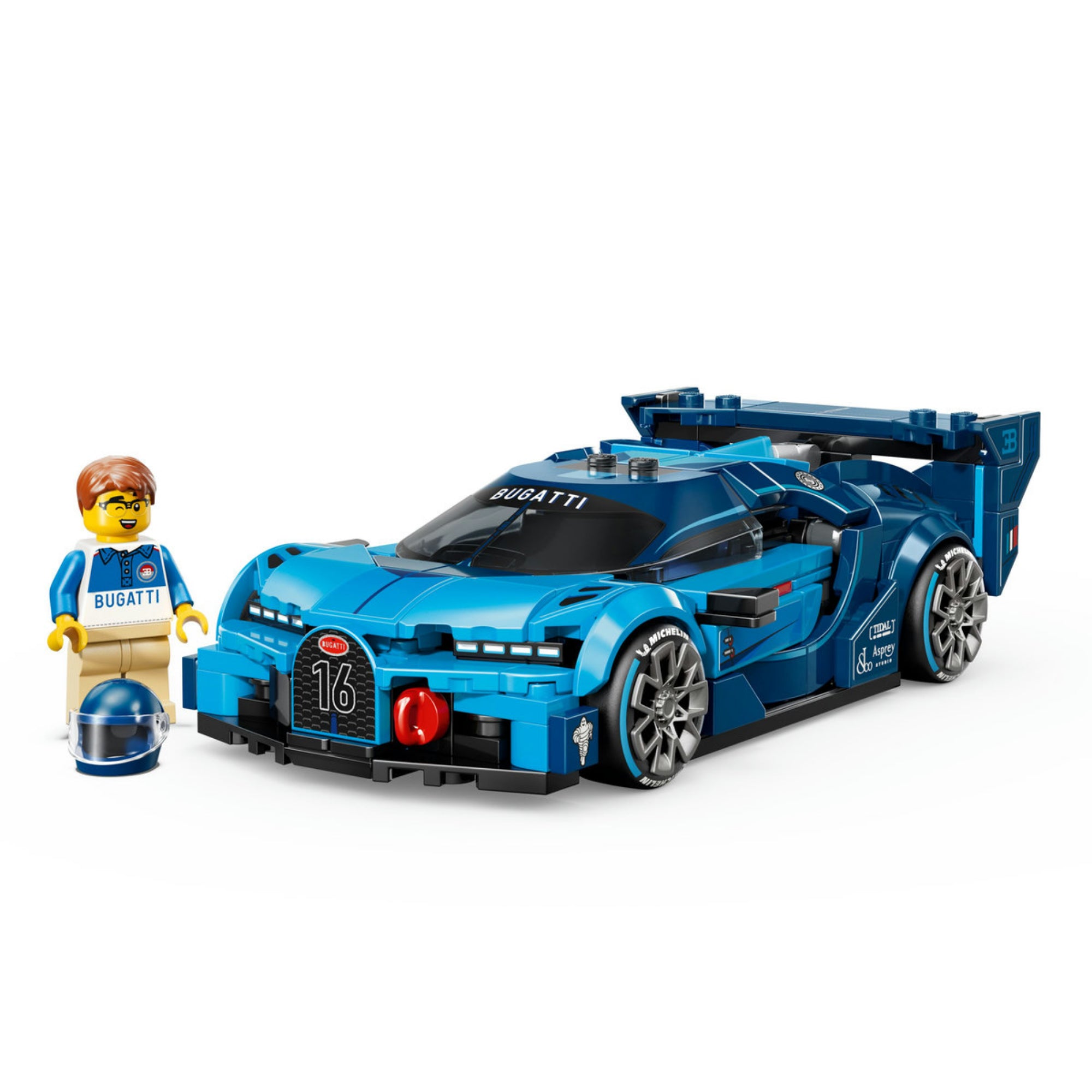 LEGO Speed Champions Bugatti Vision Gran Turismo megépített modell minifigurával és bukósisakkal.