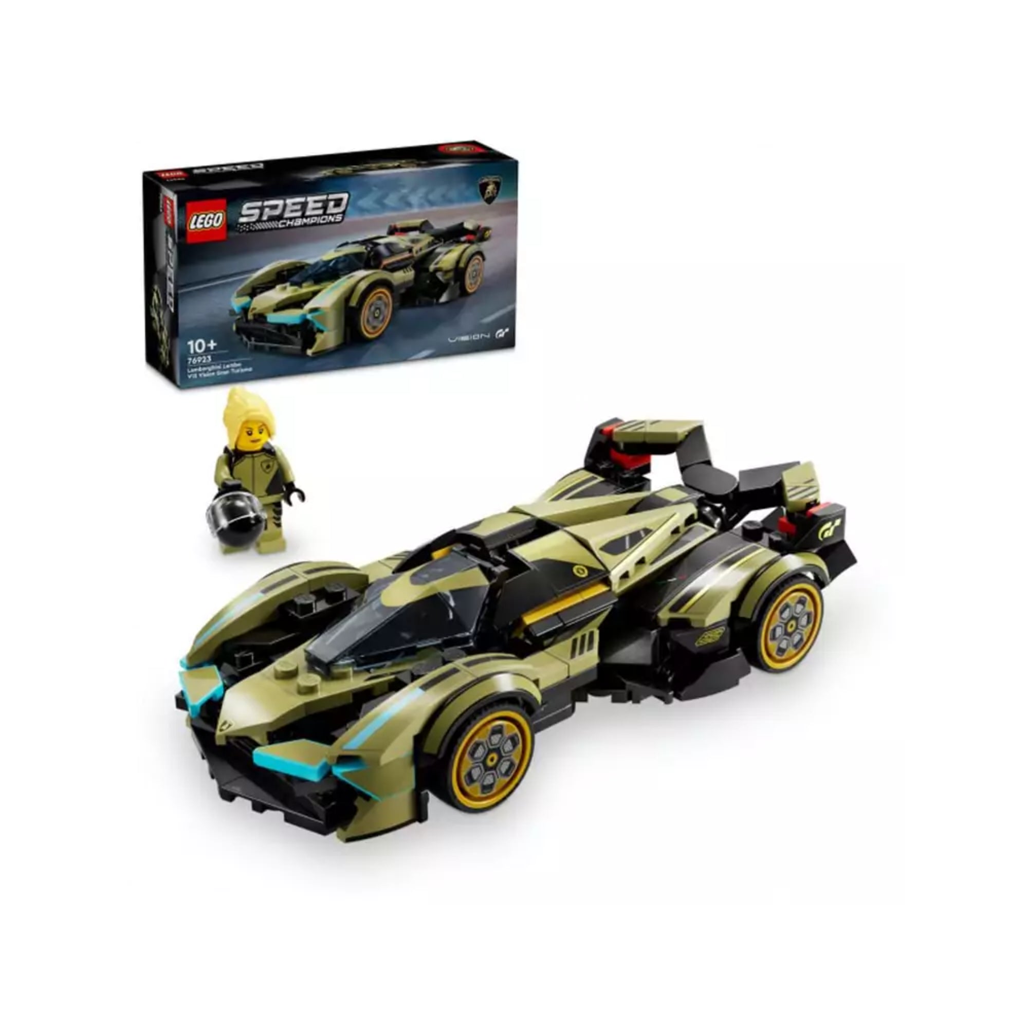 LEGO Speed Champions Lamborghini Lambo V12 Vision Gran Turismo (76923) készlet 230 darabból, összerakott olívazöld sportautó sárga keréktárcsákkal és világoskék fényszórókkal, egy női minifigurával és fekete bukósisakkal, háttérben a termék színes dobozával.