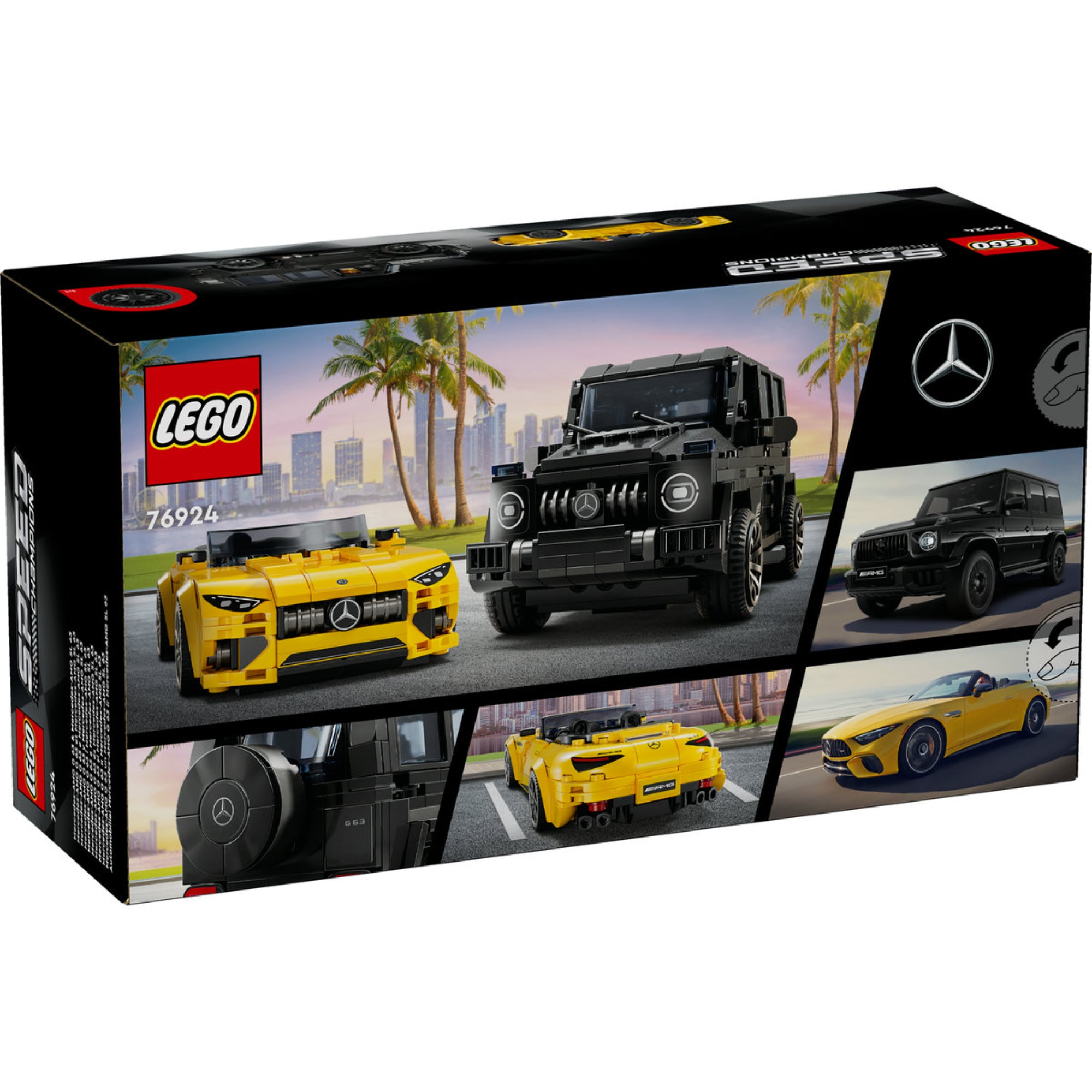 A LEGO Speed Champions 76924 készlet hátoldala, részletes fotókkal a fekete G 63 és a sárga SL 63 LEGO modellekről, valamint a valós autókról inspirációként.