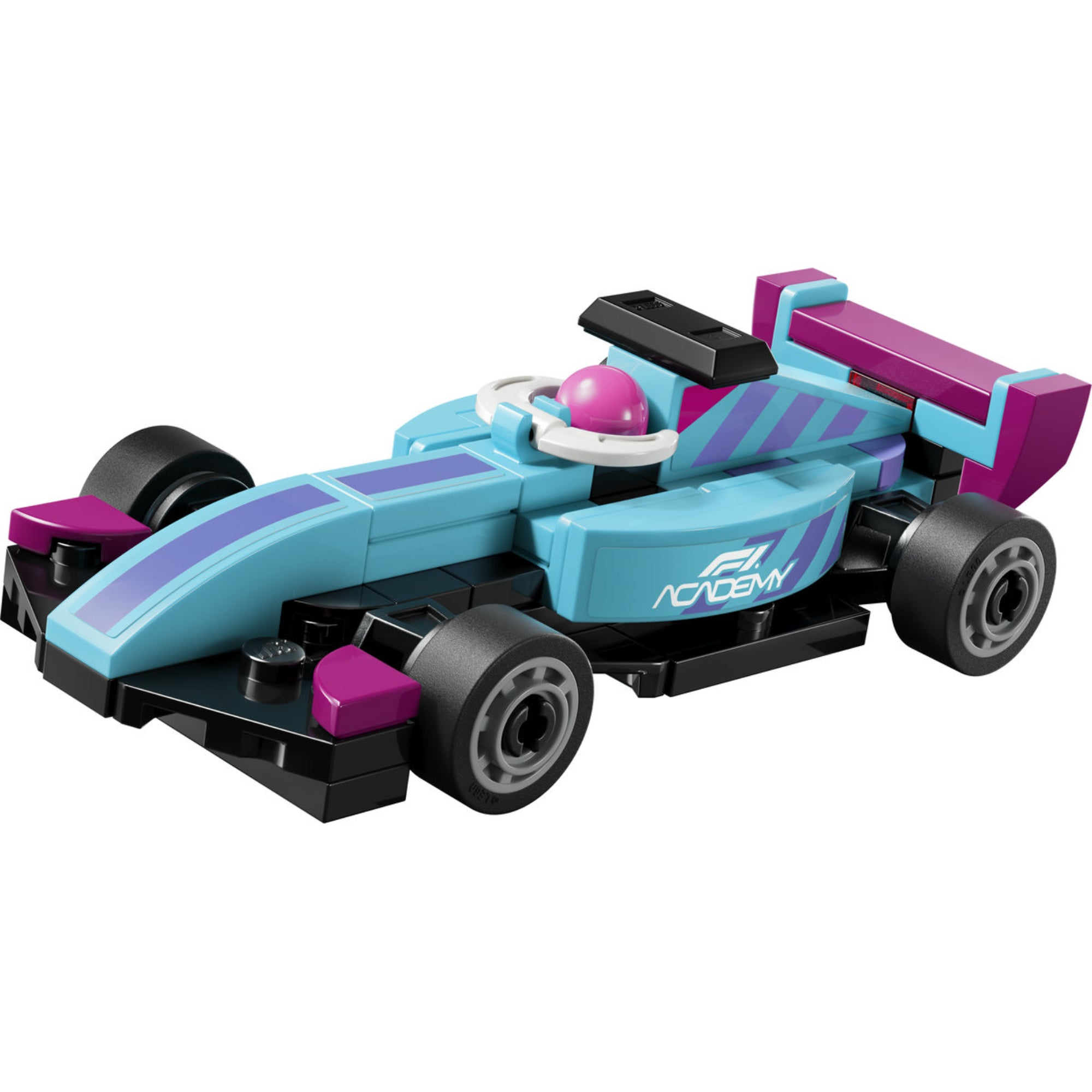 LEGO Speed Champions Mini F1 ACADEMY Car 30734 megépített mini Formula–1 versenyautó világoskék és lila színekben.
