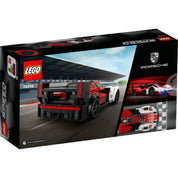 A LEGO Porsche 963 szett dobozának hátoldala, rajta több nézetből látható a modell és egy valódi Porsche 963 fénykép is.