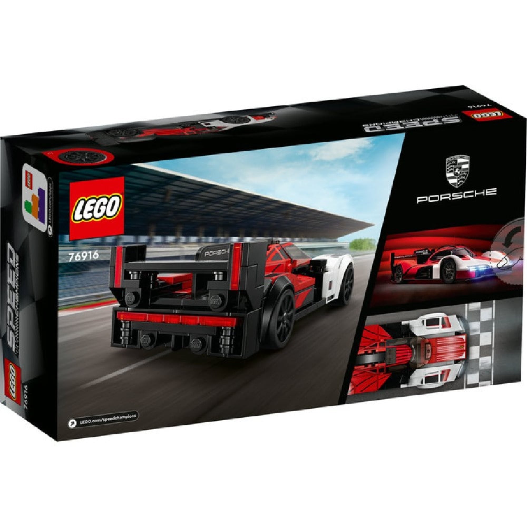 A LEGO Porsche 963 szett dobozának hátoldala, rajta több nézetből látható a modell és egy valódi Porsche 963 fénykép is.