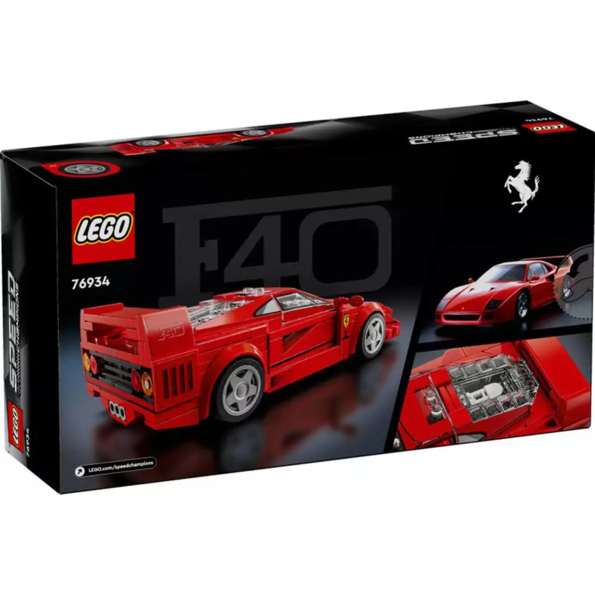 LEGO Ferrari F40 (76934) doboz hátoldala, melyen a jármű hátulja, a valós autó fotója és a LEGO motorblokk részlete látható.