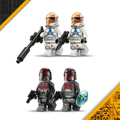 LEGO Star Wars Siege of Mandalore Battle Pack (75449) – Klón trooper és mandalori minifigurák fegyverekkel, közelről bemutatva.