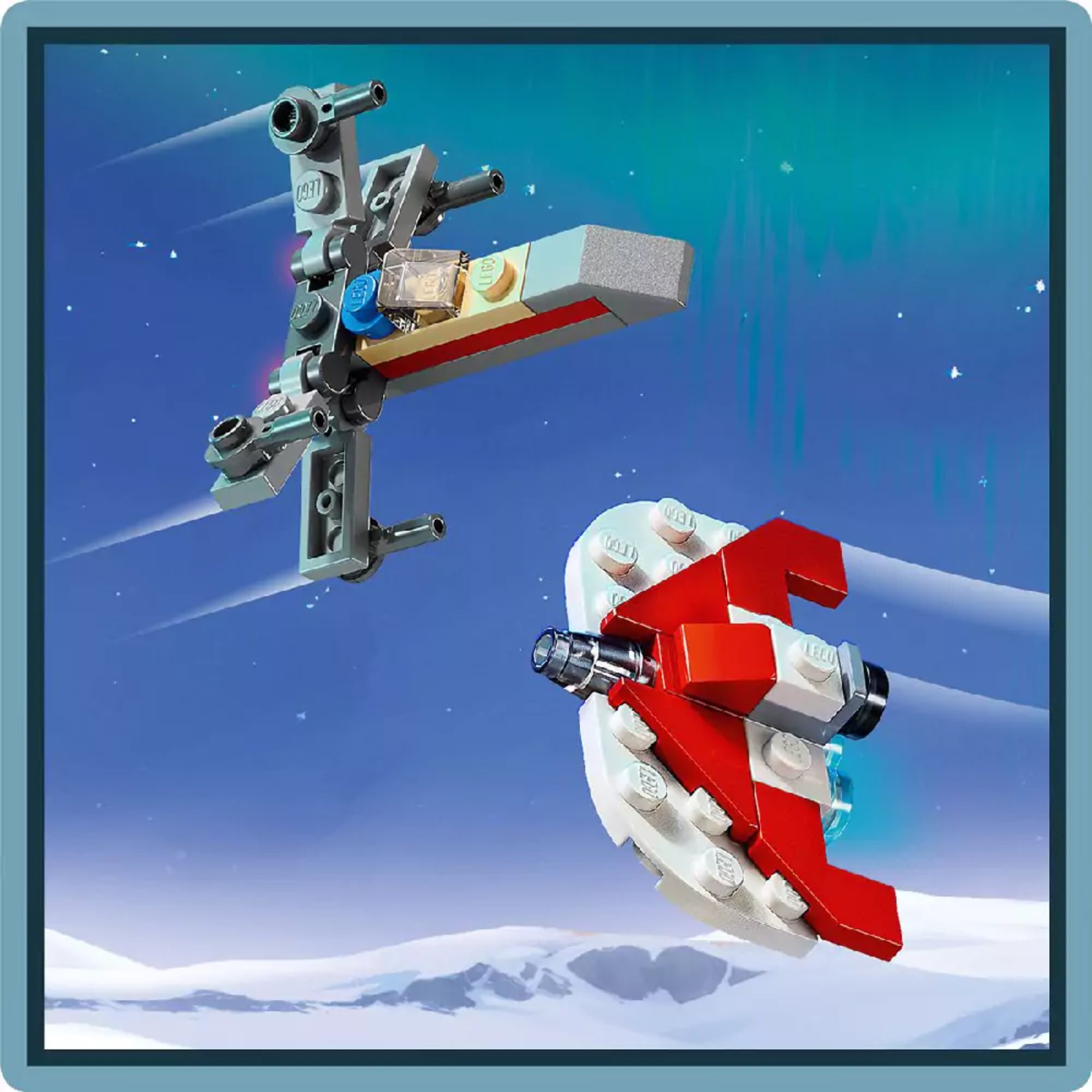 A képen két aprólékosan megépített LEGO Star Wars mikromodell látható a 2024-es adventi naptárból.