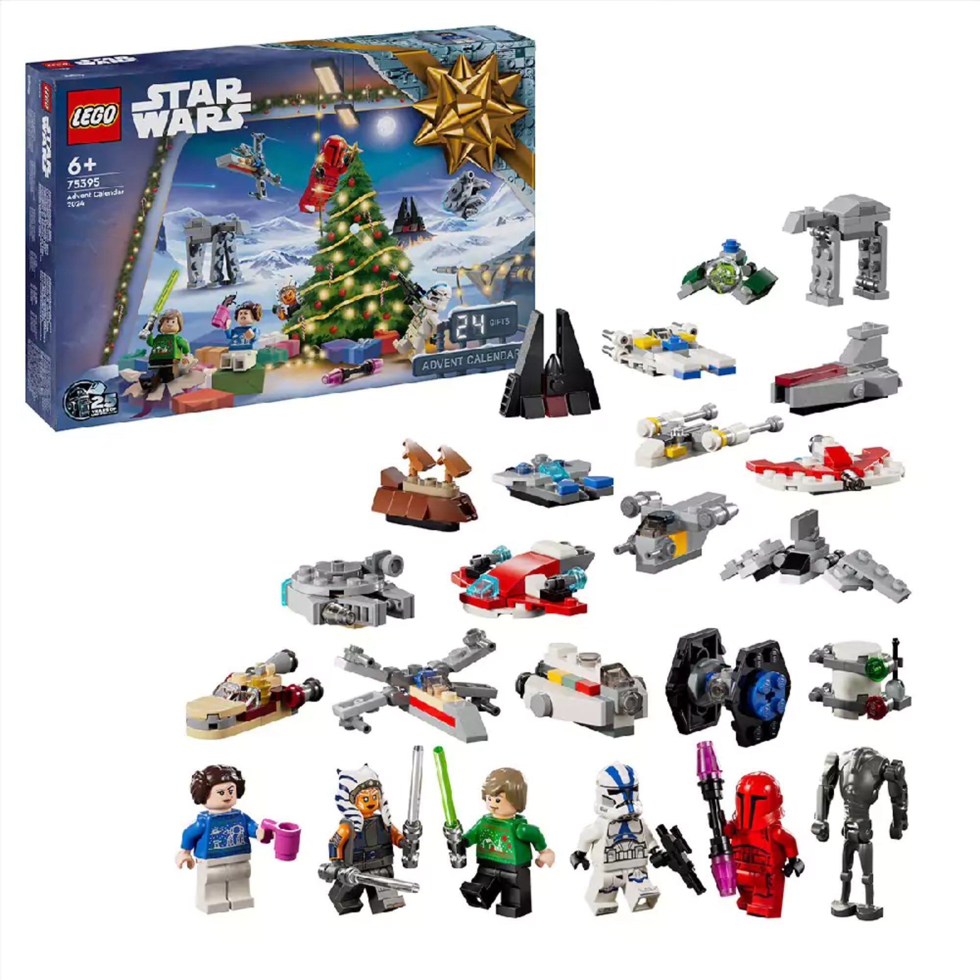A képen a LEGO Star Wars 75395 Adventi naptár 2024 teljes tartalma látható. A doboz 24 különféle miniépítményt és figurát rejt, amelyekkel a rajongók napról napra haladhatnak karácsonyig.