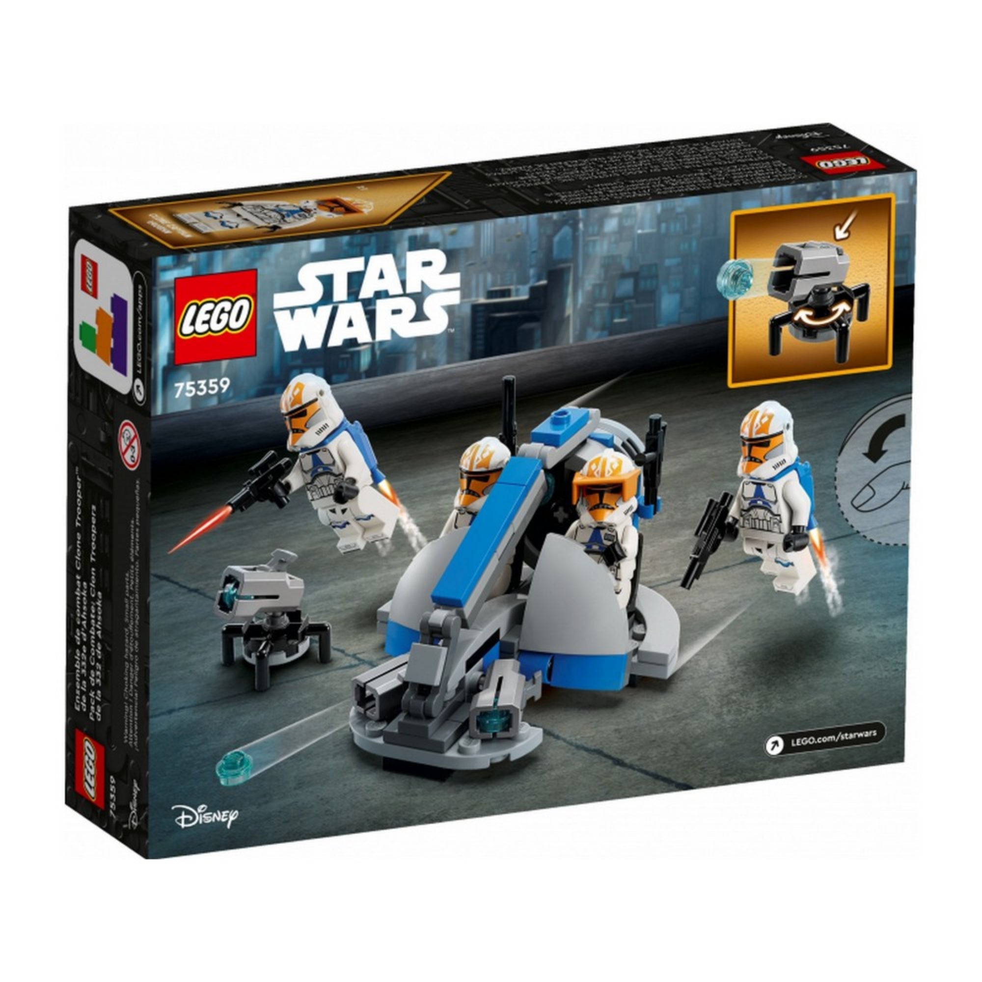 A LEGO Star Wars 75359 dobozának hátoldala, amely bemutatja a játékelemek mozgatható funkcióit, a lövedék kilövését és a figura-akciókat.