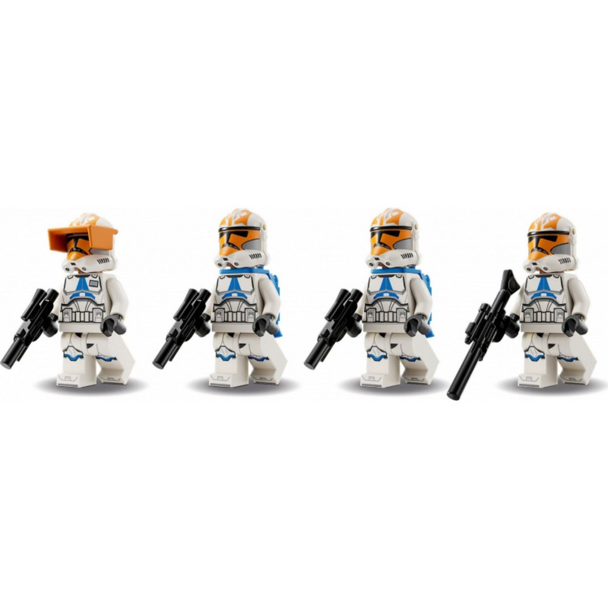 Négy különleges LEGO Star Wars minifigura közelről: Clone Captain Vaughn és három 332. légiós klónkatona egyedi sisakkal és fegyverekkel.