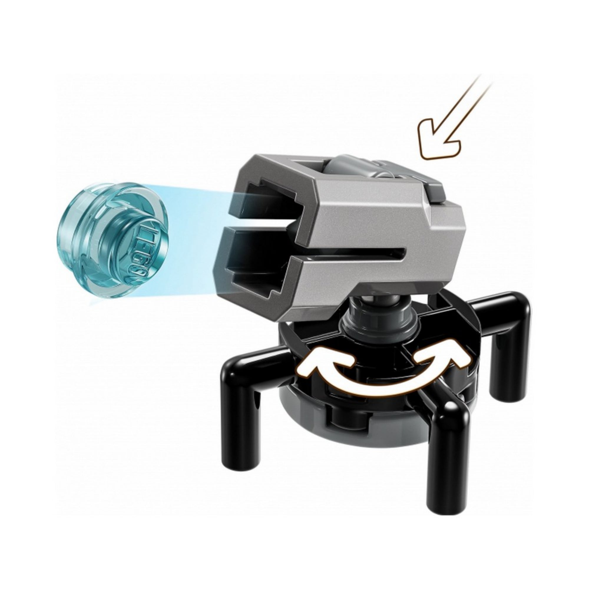Közelkép a LEGO Star Wars készlet kisméretű, forgatható lézerágyújáról, amely világoskék lövedéket képes kilőni.
