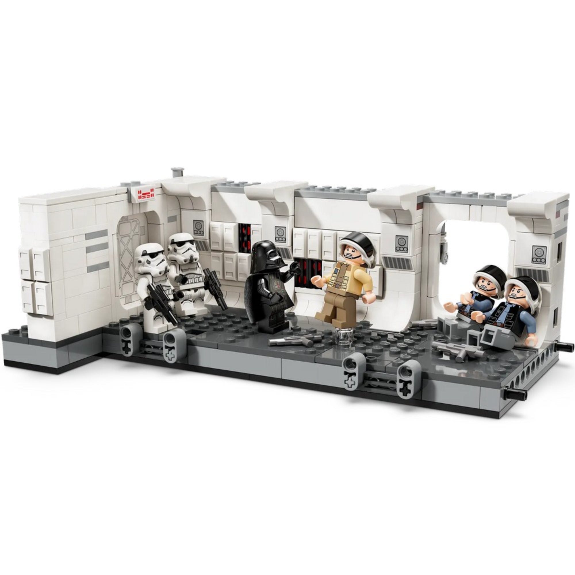 A LEGO Star Wars Beszállás a Tantive IV-be (75387) teljes készlet összeállítva, a jelenetben Darth Vader és rohamosztagosai csapnak össze lázadó katonákkal a fedélzeten.