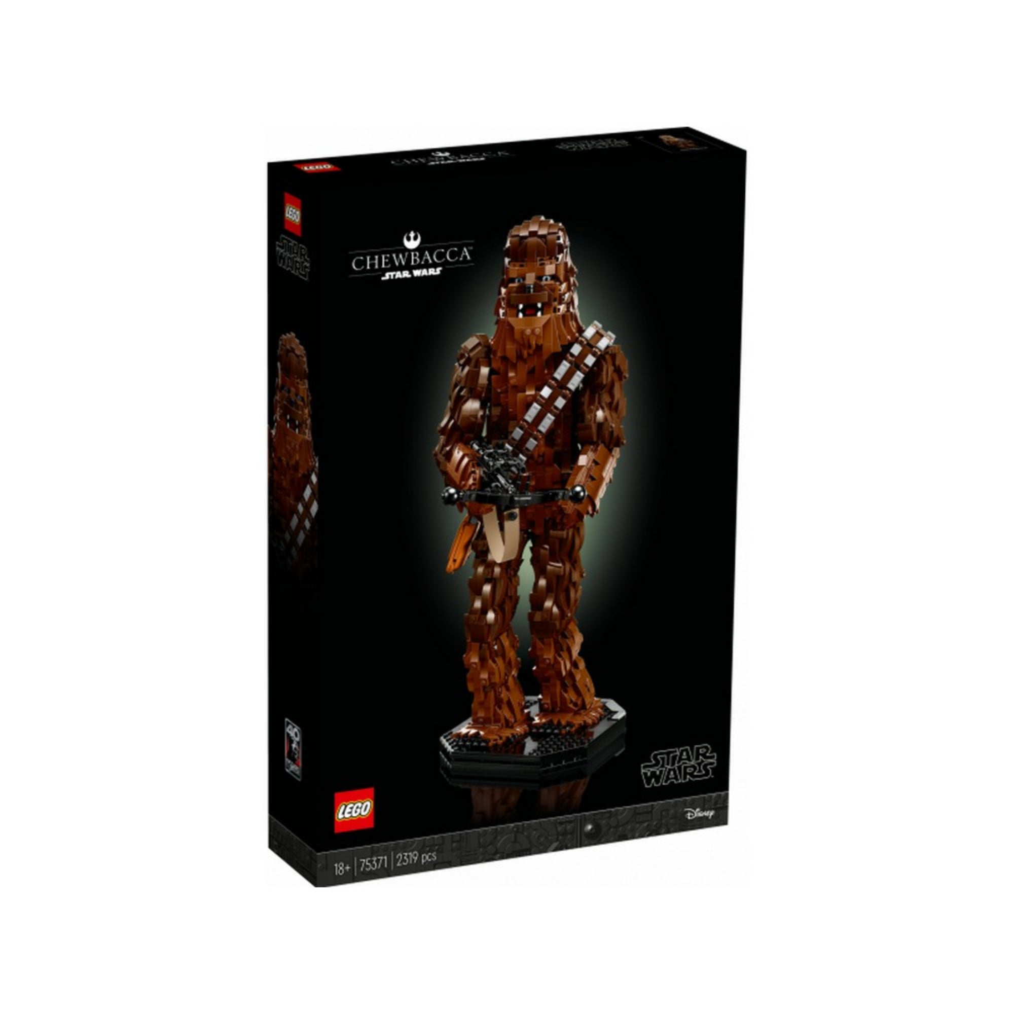 LEGO Star Wars Chewbacca (75371) készlet sötét háttérrel ellátott doboza, középen a megépített Chewbacca figura teljes alakos képe, bal alsó sarokban a LEGO és Star Wars logók.