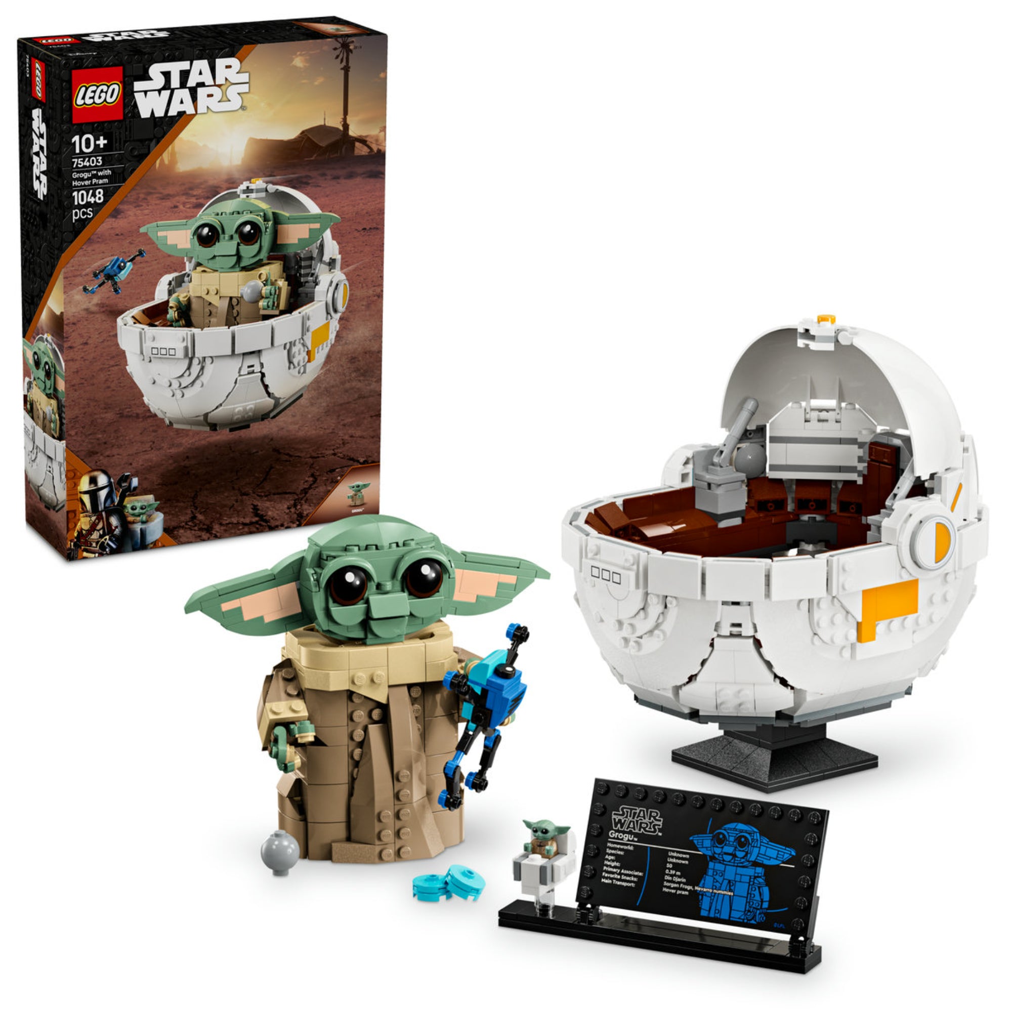 LEGO Star Wars Grogu with Hover Pram (75403) készlet tartalma – Megépíthető Grogu figura, részletes lebegő babakocsi, információs tábla és minifigura.
