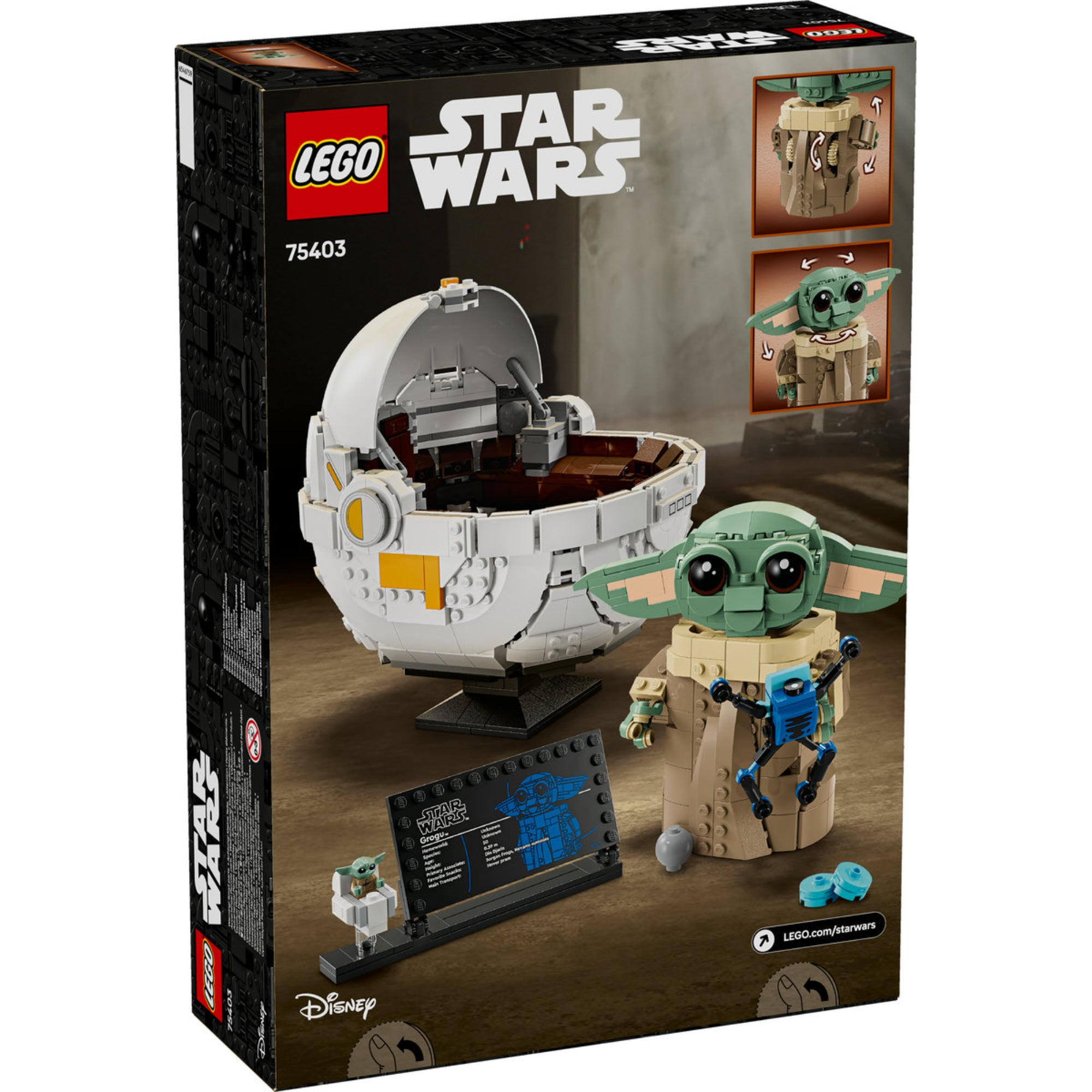 LEGO Star Wars Grogu with Hover Pram (75403) doboz hátlap – A készlet funkciói bemutatva, Grogu mozgatható fejével és a lebegő pram belső terével.
