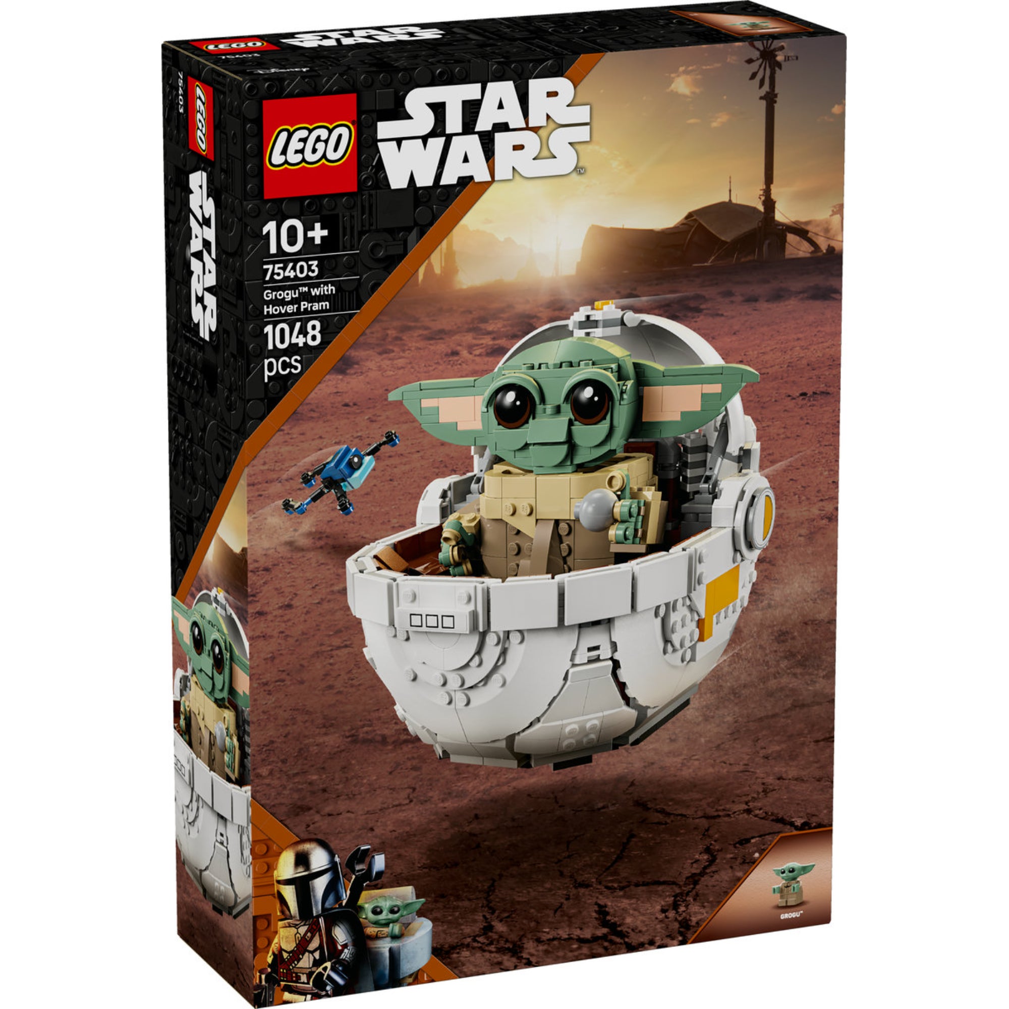 LEGO Star Wars Grogu with Hover Pram (75403) dobozkép – A díszdobozon Grogu, a lebegő babakocsijában, sivatagos háttér előtt.