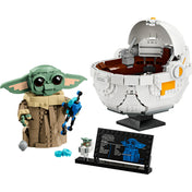 LEGO Star Wars Grogu with Hover Pram (75403) teljes készlet – A nagy Grogu modell, a fehér lebegő babakocsi, tartozékok és a gyűjtői információs plakett.