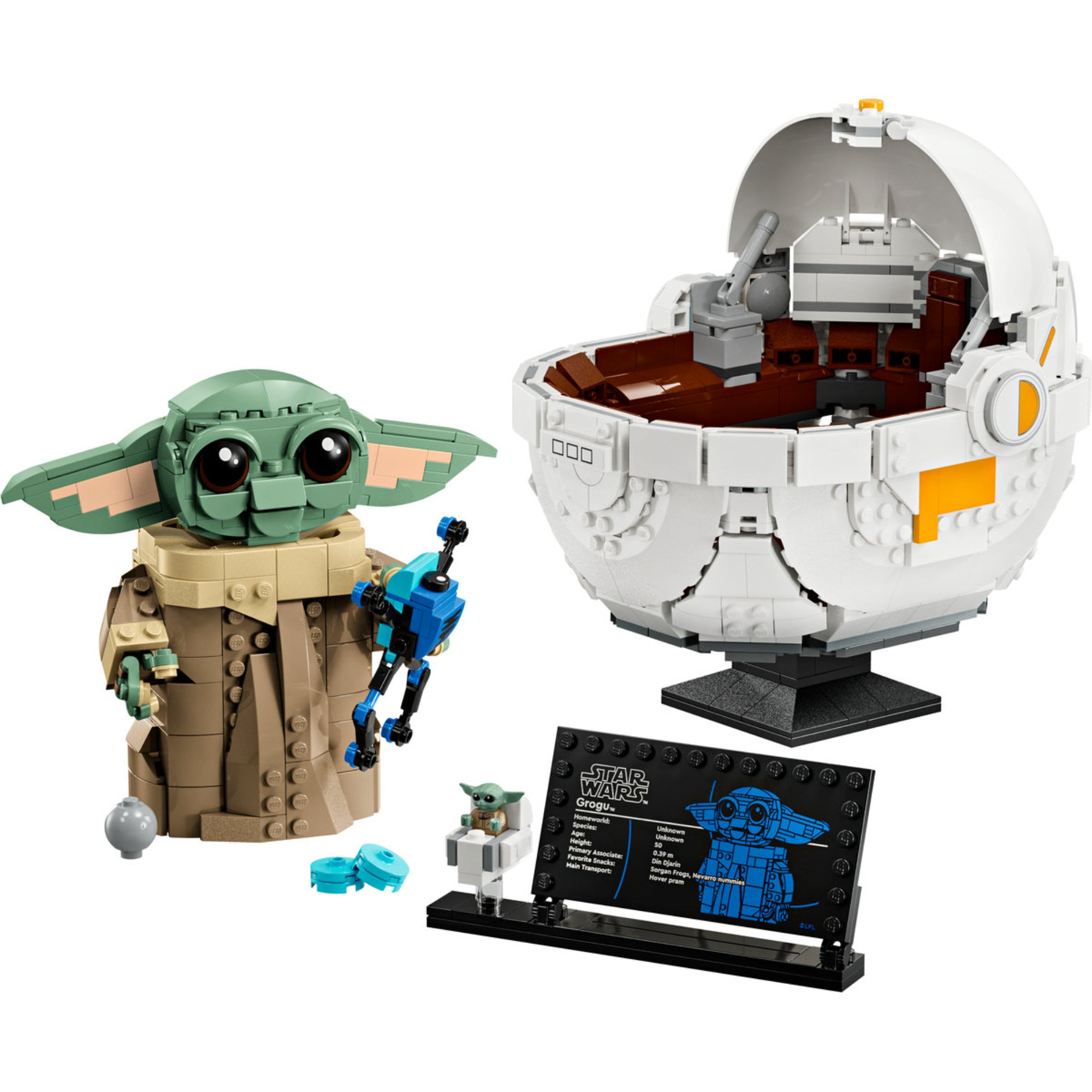 LEGO Star Wars Grogu with Hover Pram (75403) teljes készlet – A nagy Grogu modell, a fehér lebegő babakocsi, tartozékok és a gyűjtői információs plakett.