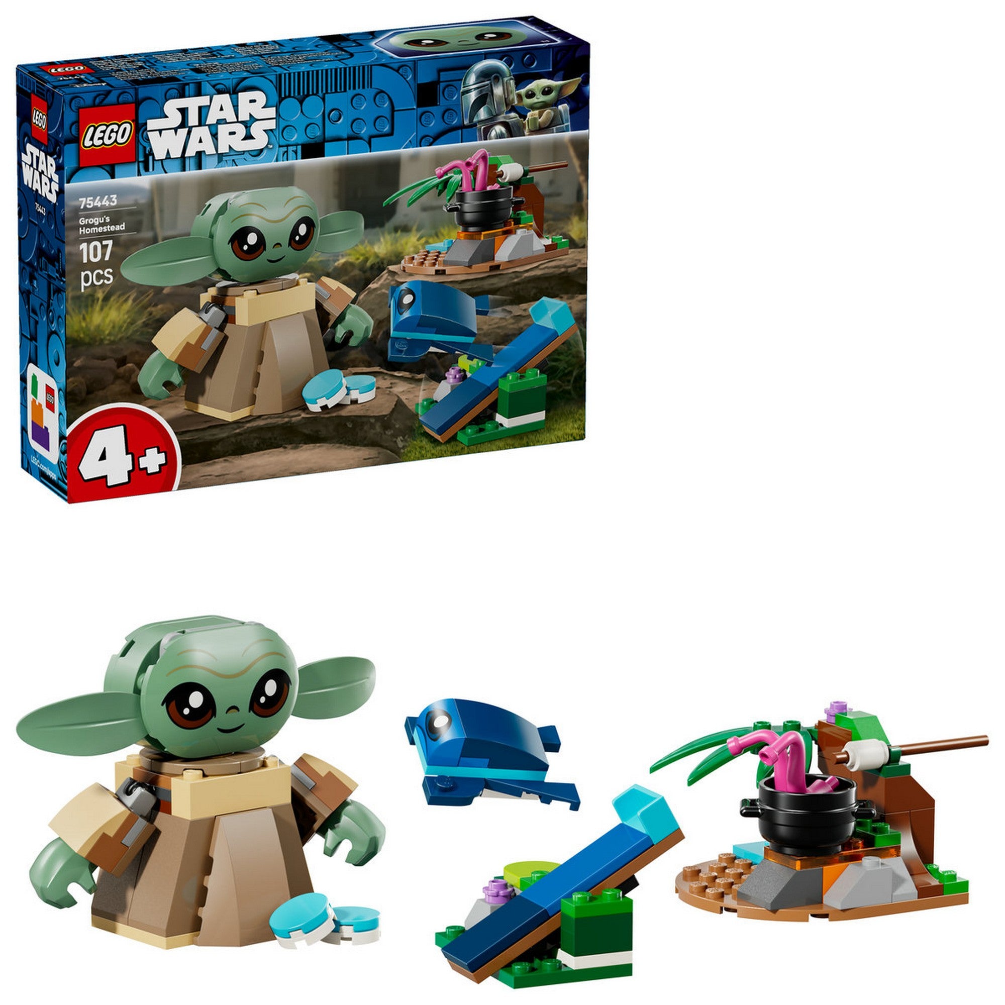 LEGO Star Wars Grogu’s Homestead (75443) – A doboz és a megépített Grogu LEGO figura a kiegészítő építményekkel együtt.