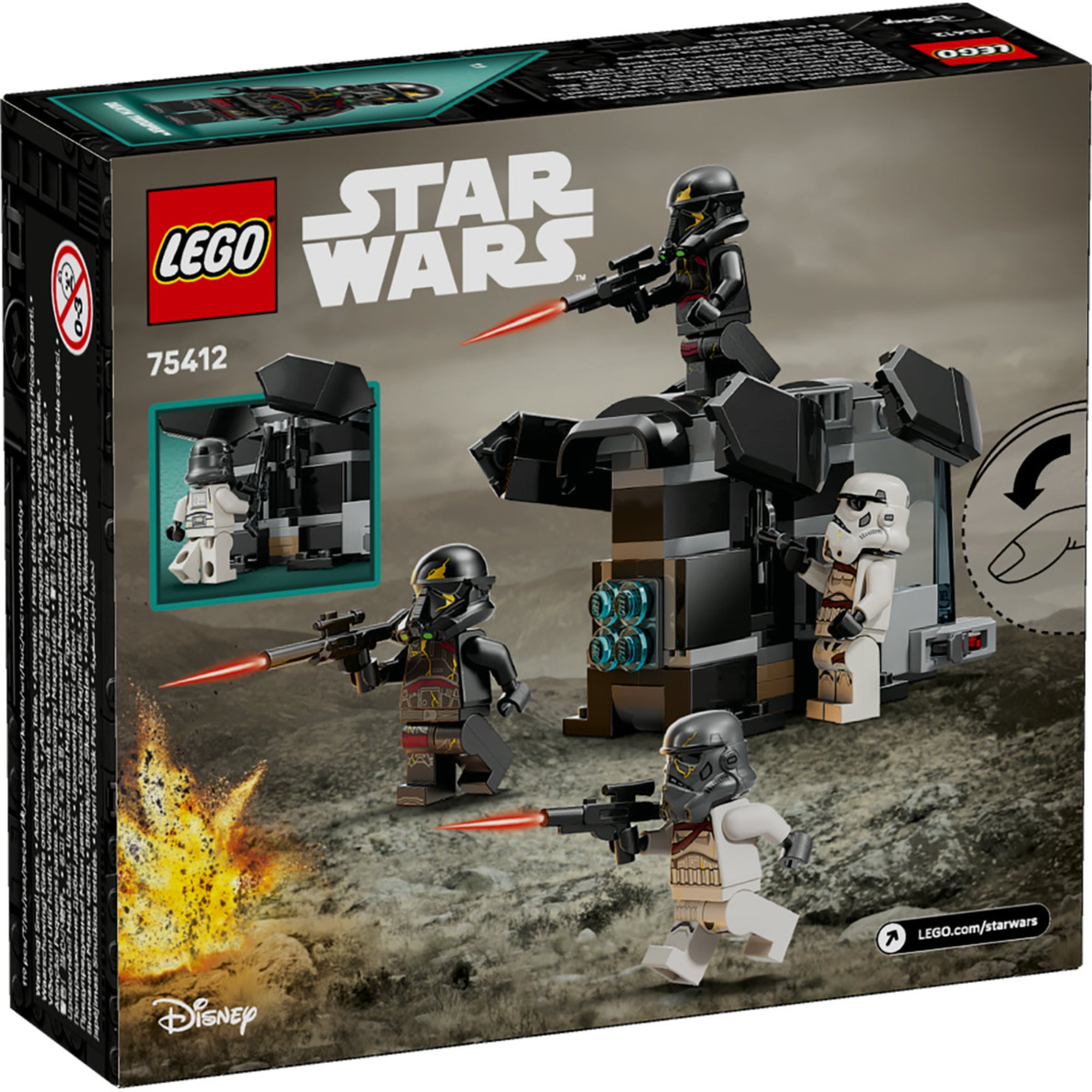 LEGO Star Wars Death Trooper & Night Trooper Battle Pack (75412) doboz hátlap – Harci jelenet a sivatagos terepen, akciózó rohamosztagos figurákkal.