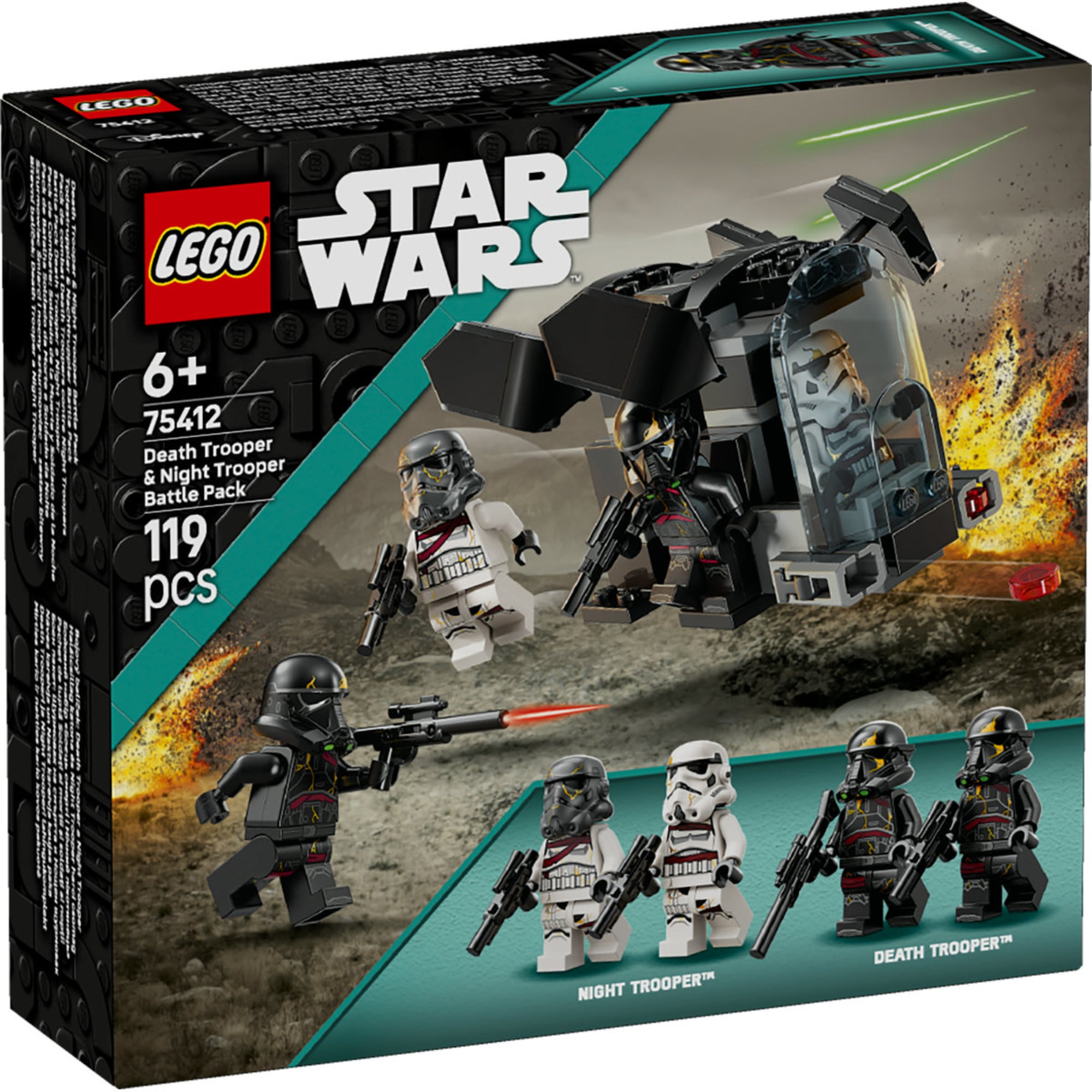 LEGO Star Wars Death Trooper & Night Trooper Battle Pack (75412) dobozkép előlnézet – A csomagban található figurák és a kiegészítő jármű bemutatása.